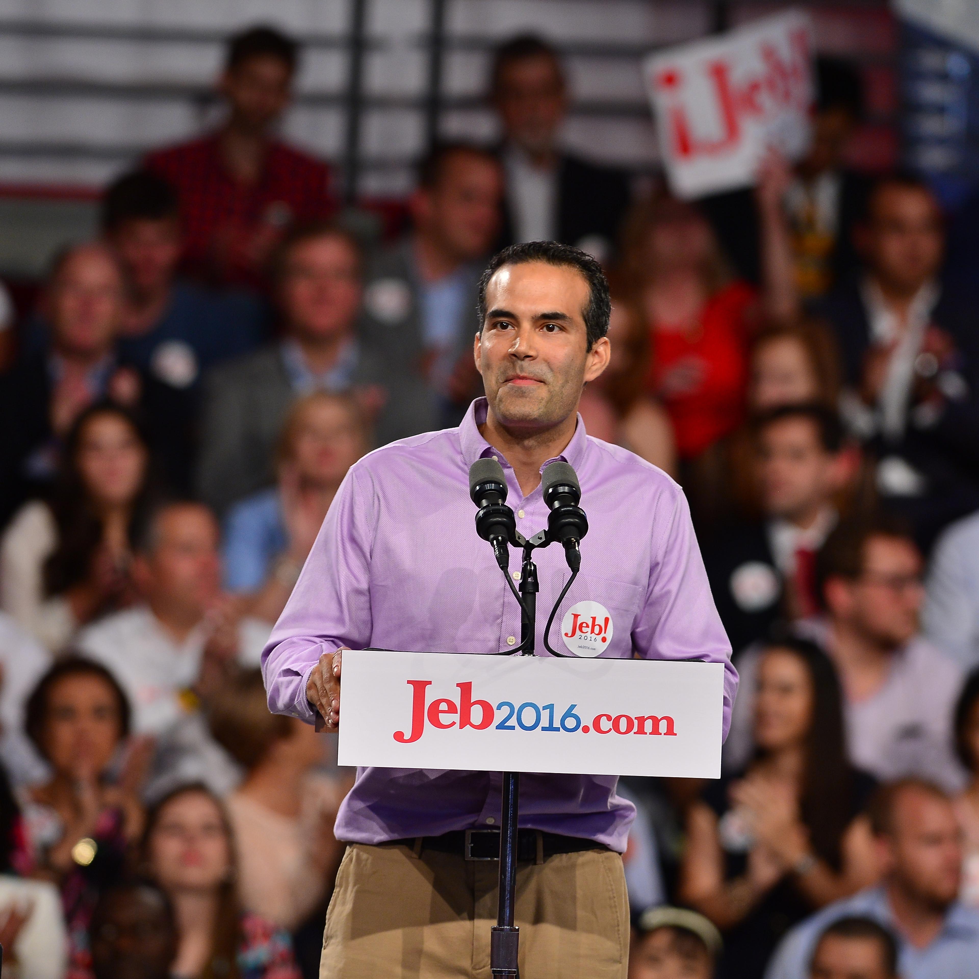 George P. Bush introduces his father, former Florida Governor Jeb Bush, as he announces his plan to seek the 2016 Republican presidential nomination at Miami Dade College Kendall Campus Theodore Gibson Health Center (Gymnasium) in Miami on June 15, 2015.