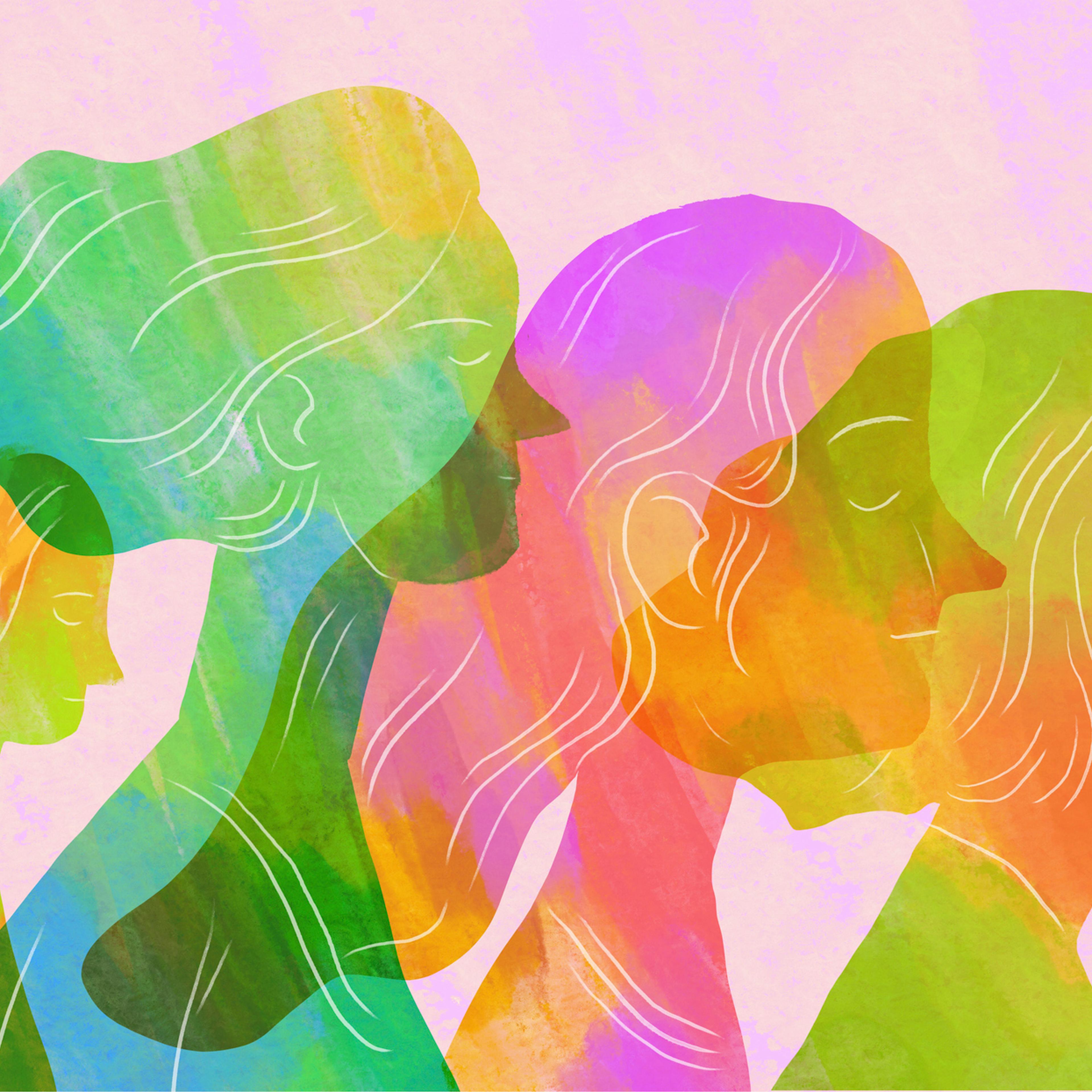 Colorful abstract illustration of superimposed female profiles symbolizing multi-layered personality and generational change