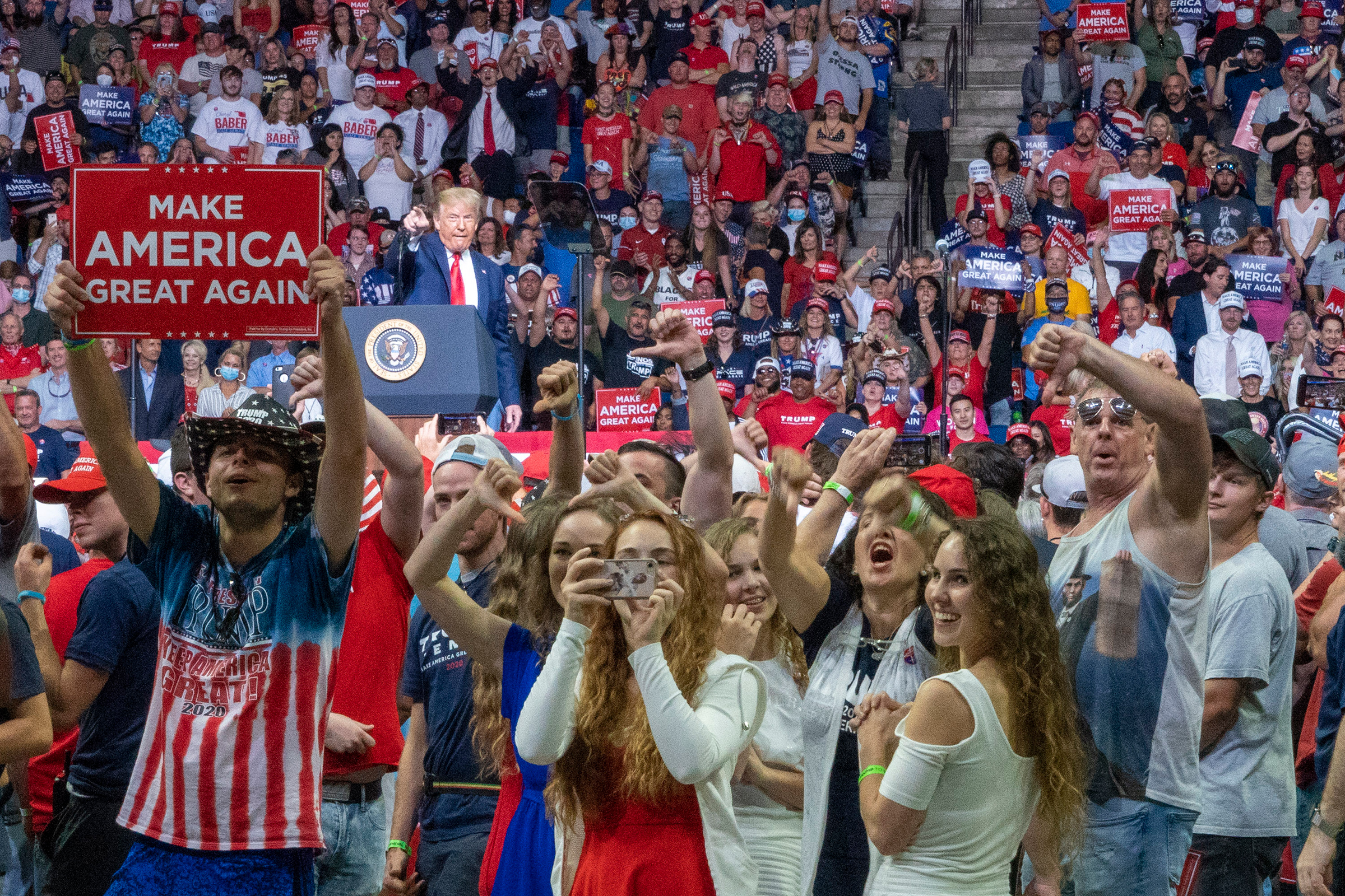 2020. Tulsa, Oklahoma. USA. President Donald Trump stokes the crowd into booing the media in Tulsa at his first rally during the COVID-19 Pandemic.