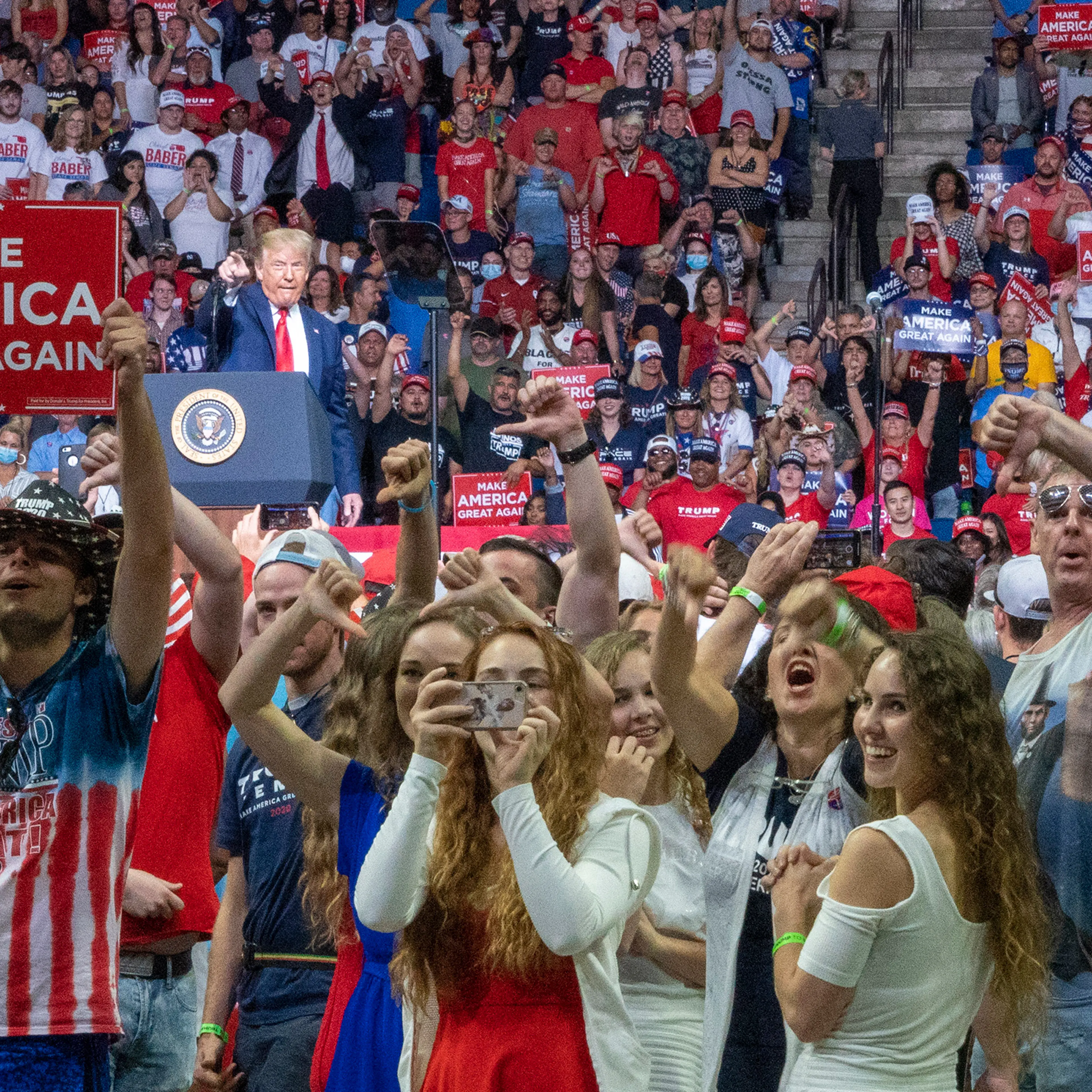 2020. Tulsa, Oklahoma. USA. President Donald Trump stokes the crowd into booing the media in Tulsa at his first rally during the COVID-19 Pandemic.