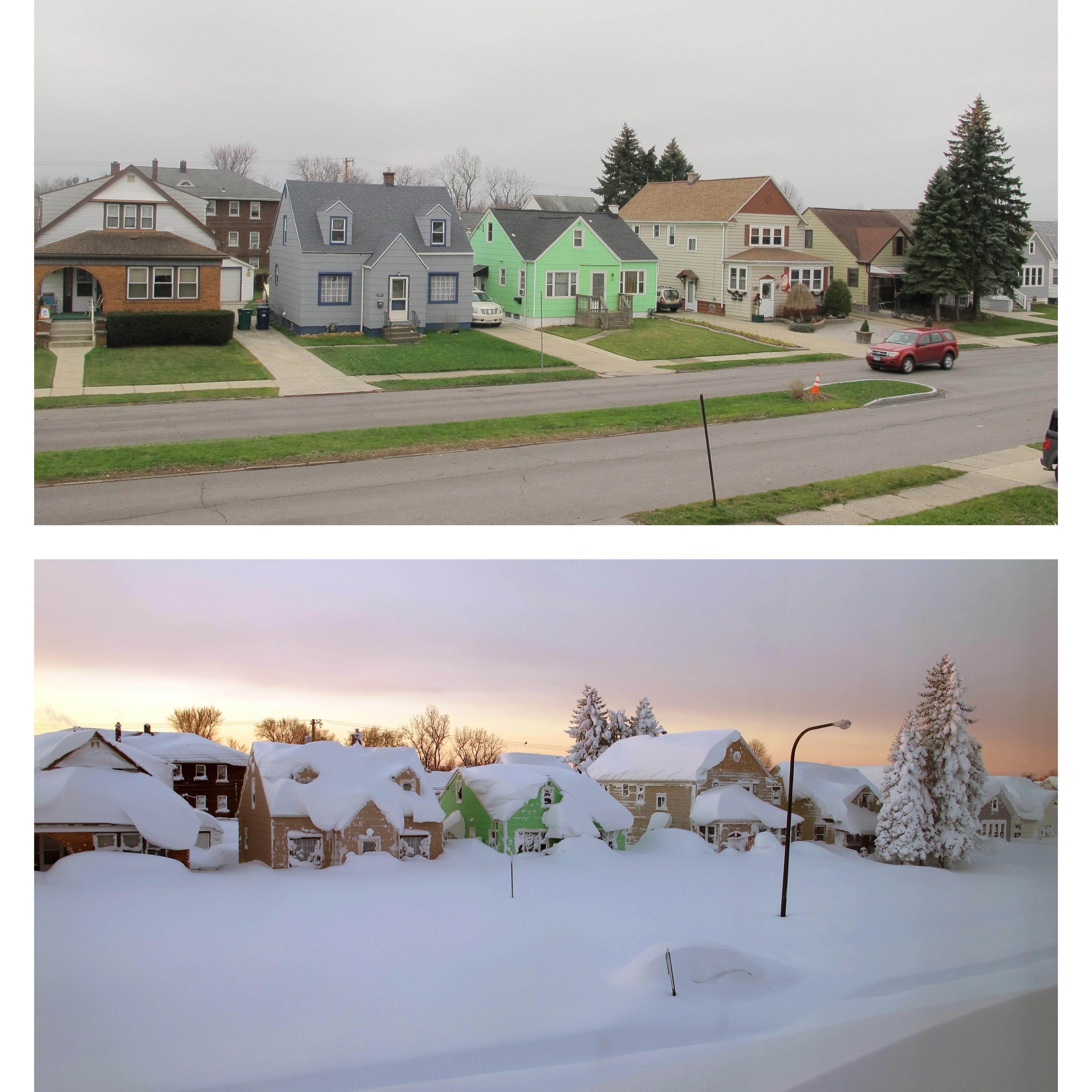 This combination of Dec. 4, 2015, top, and Nov. 19, 2014 photos shows homes in Buffalo, N.Y. The start of the 2015 winter season in Buffalo couldn't be more different from the previous year.