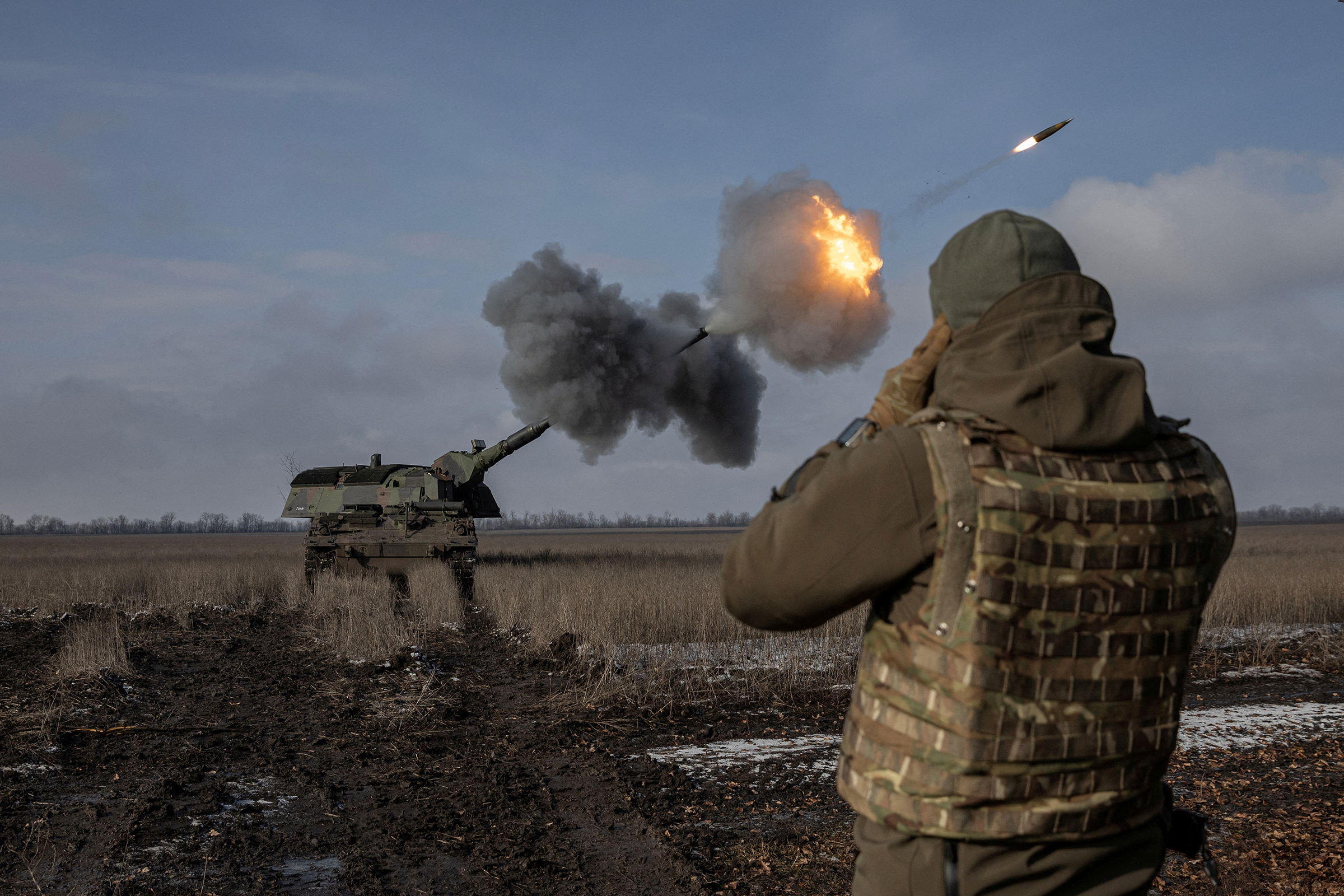 Ukrainian army from the 43rd Heavy Artillery Brigade fire the German howitzer Panzerhaubitze 2000, called Tina by the unit, amid Russia's attack on Ukraine, near Bakhmut,in Donetsk region, Ukraine, on Feb. 5. 