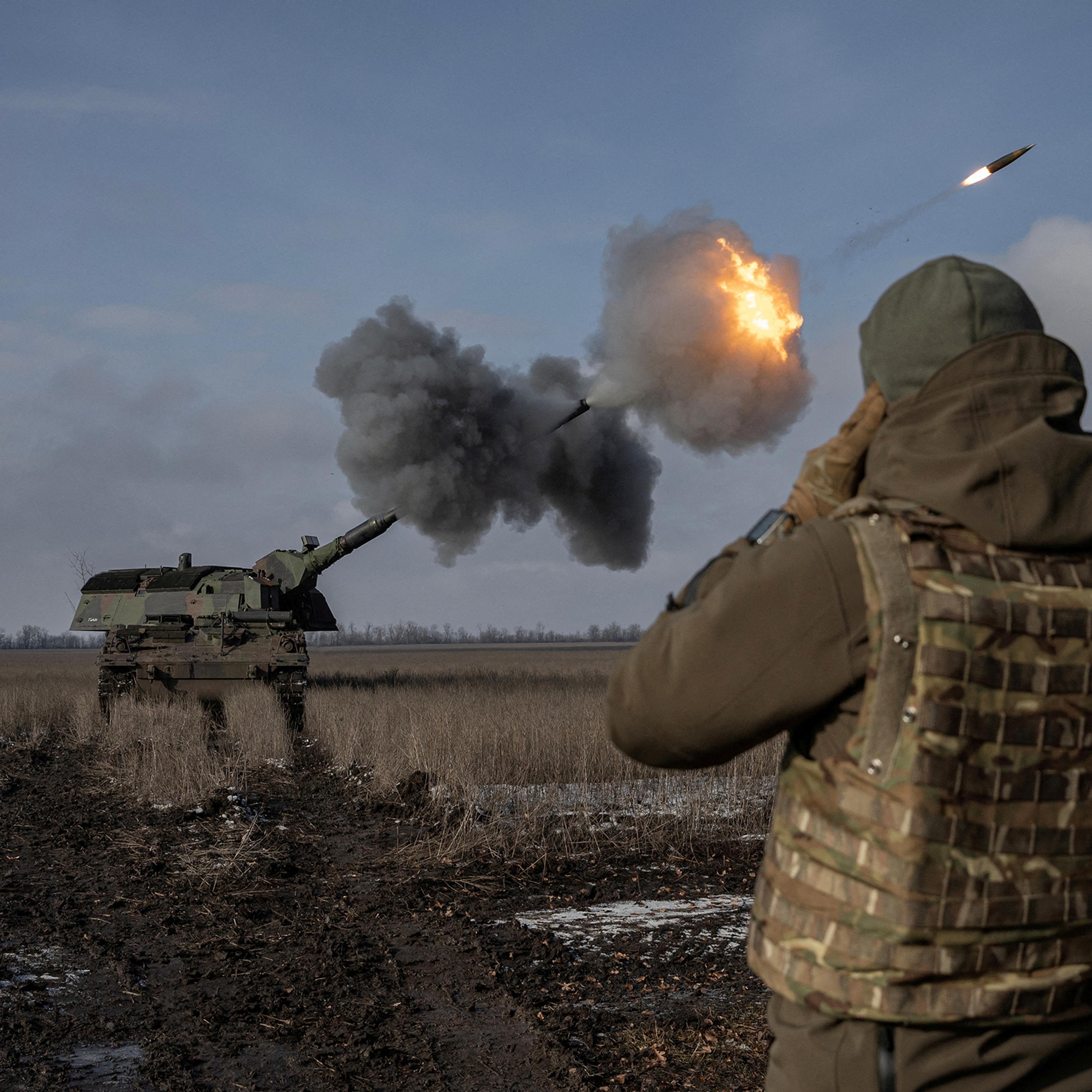 Ukrainian army from the 43rd Heavy Artillery Brigade fire the German howitzer Panzerhaubitze 2000, called Tina by the unit, amid Russia's attack on Ukraine, near Bakhmut,in Donetsk region, Ukraine, on Feb. 5.