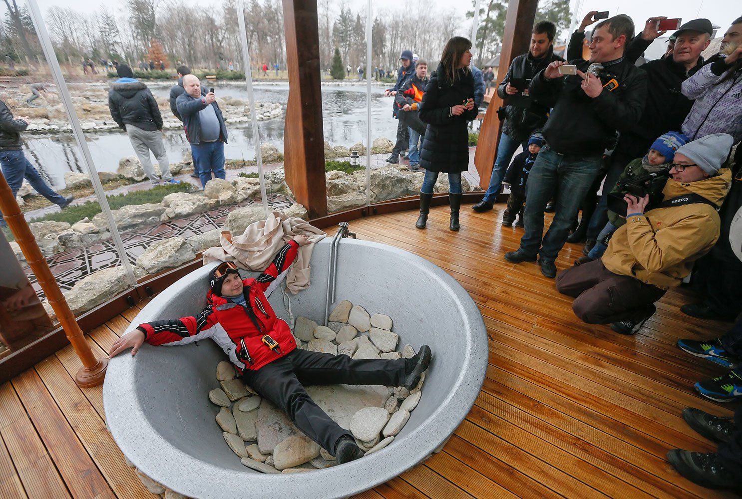 A protester poses in a bathtub at President Viktor Yanukovych's Mezhyhirya estate, which was abandoned by security, on Feb. 22, 2014 in Kiev, Ukraine.