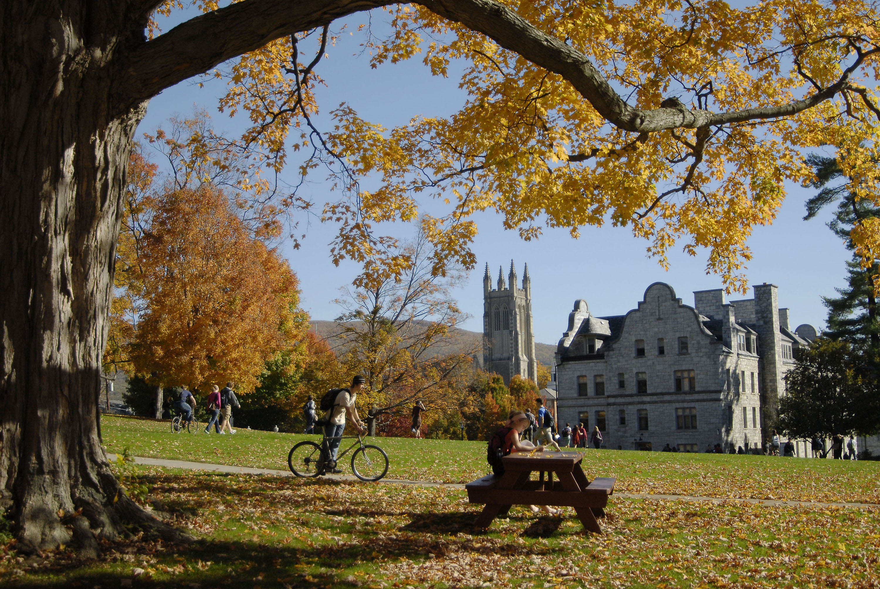 Students pass time between classes on the campus of Williams