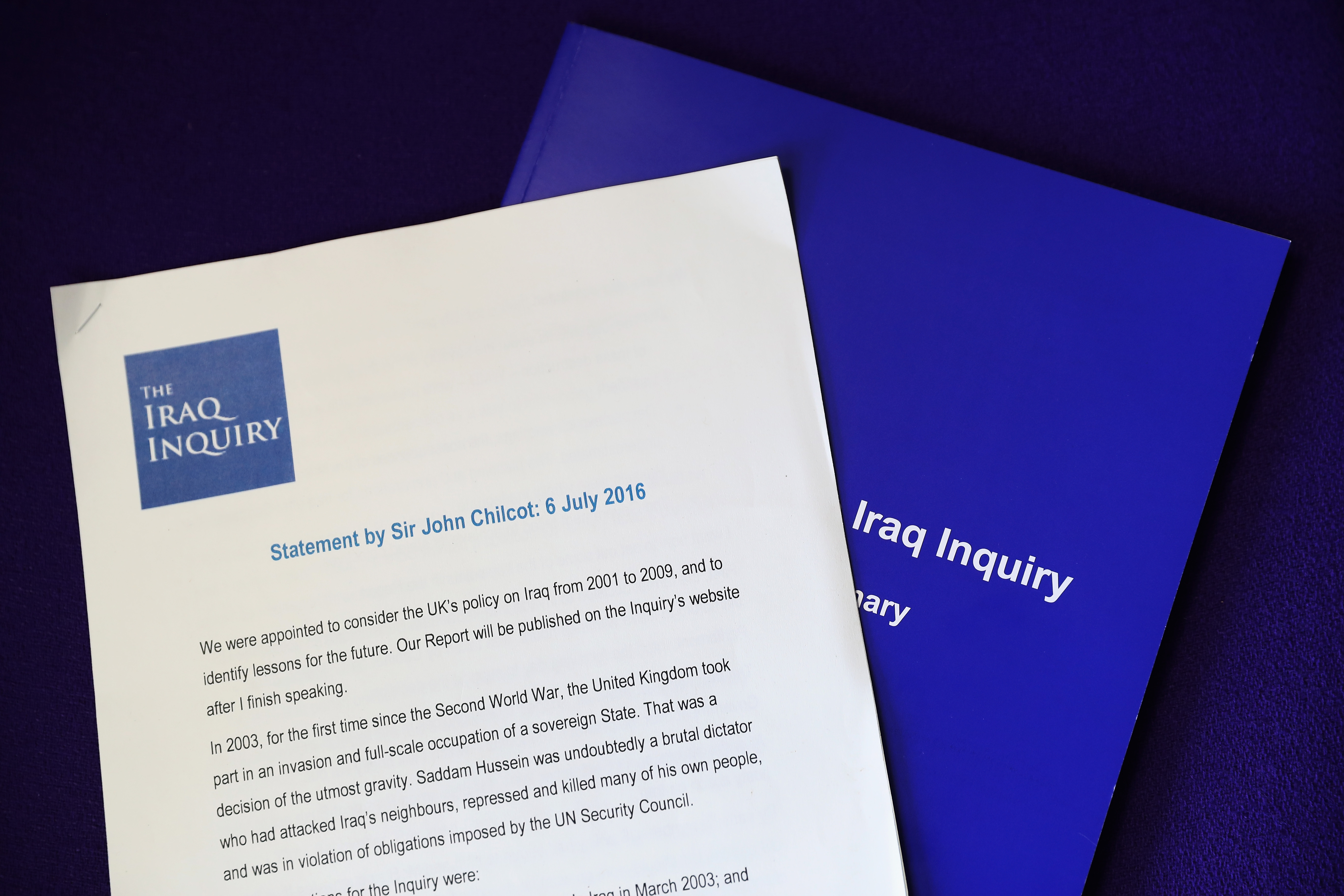A view of The Iraq Inquiry Report presented by Sir John Chilcot at the Queen Elizabeth II Centre in Westminster on July 6, 2016 in London, England.