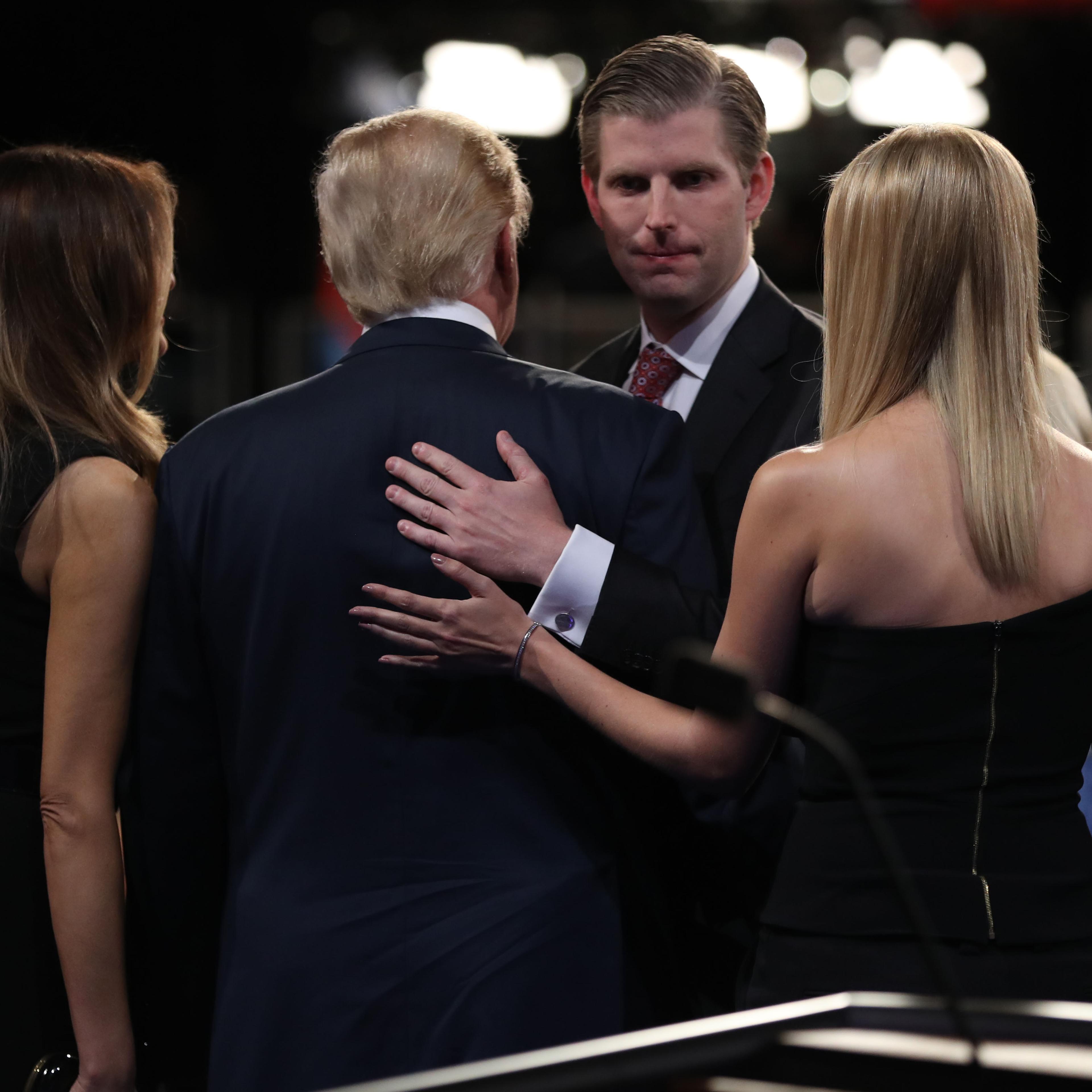 Donald Trump is cheered by his son Donald Trump Jr. at the end of the final presidential debate at the Thomas Mack Center on the campus of the University of Las Vegas, Oct. 19, 2016.
