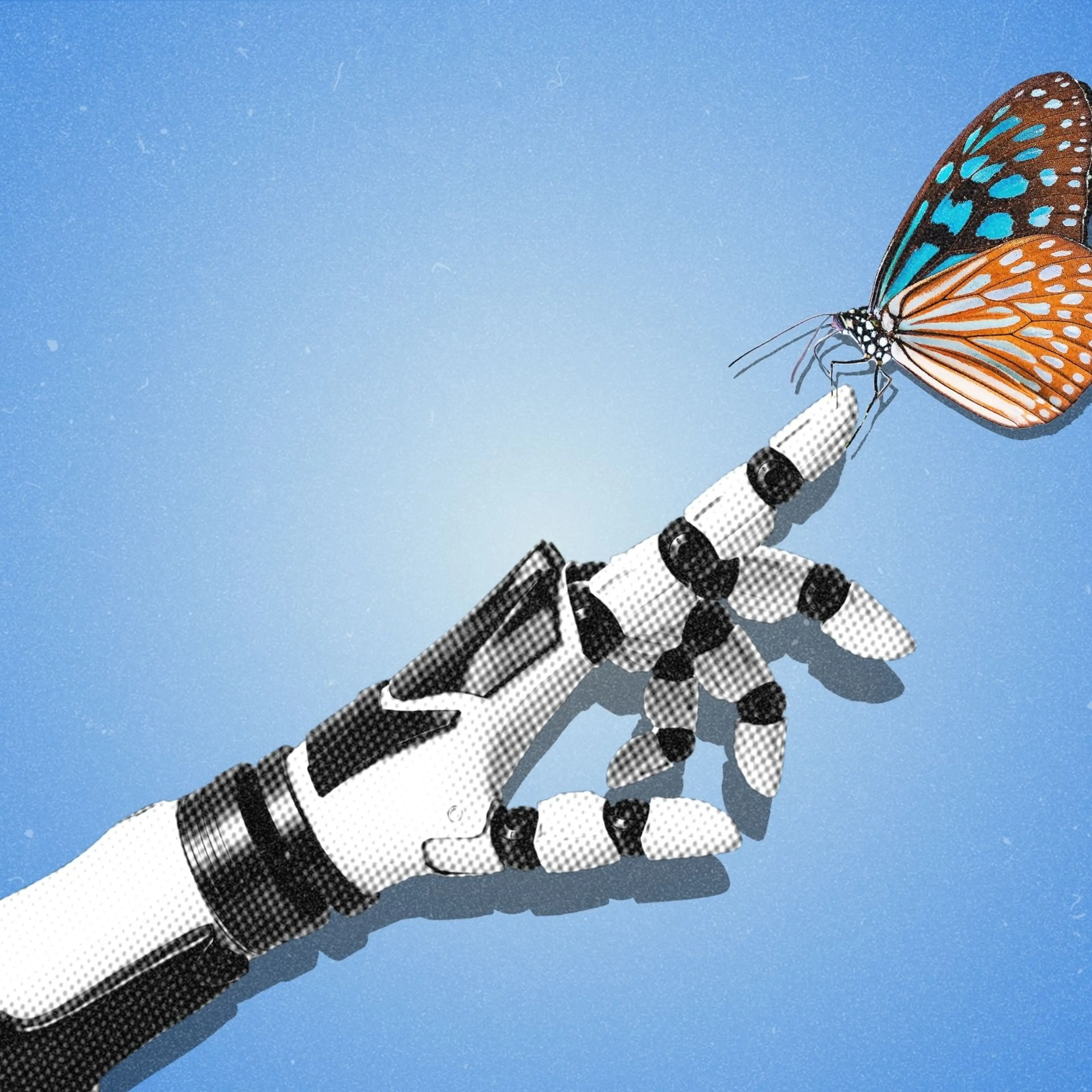A robotic hand reaching out to a butterfly landing on its fingertip