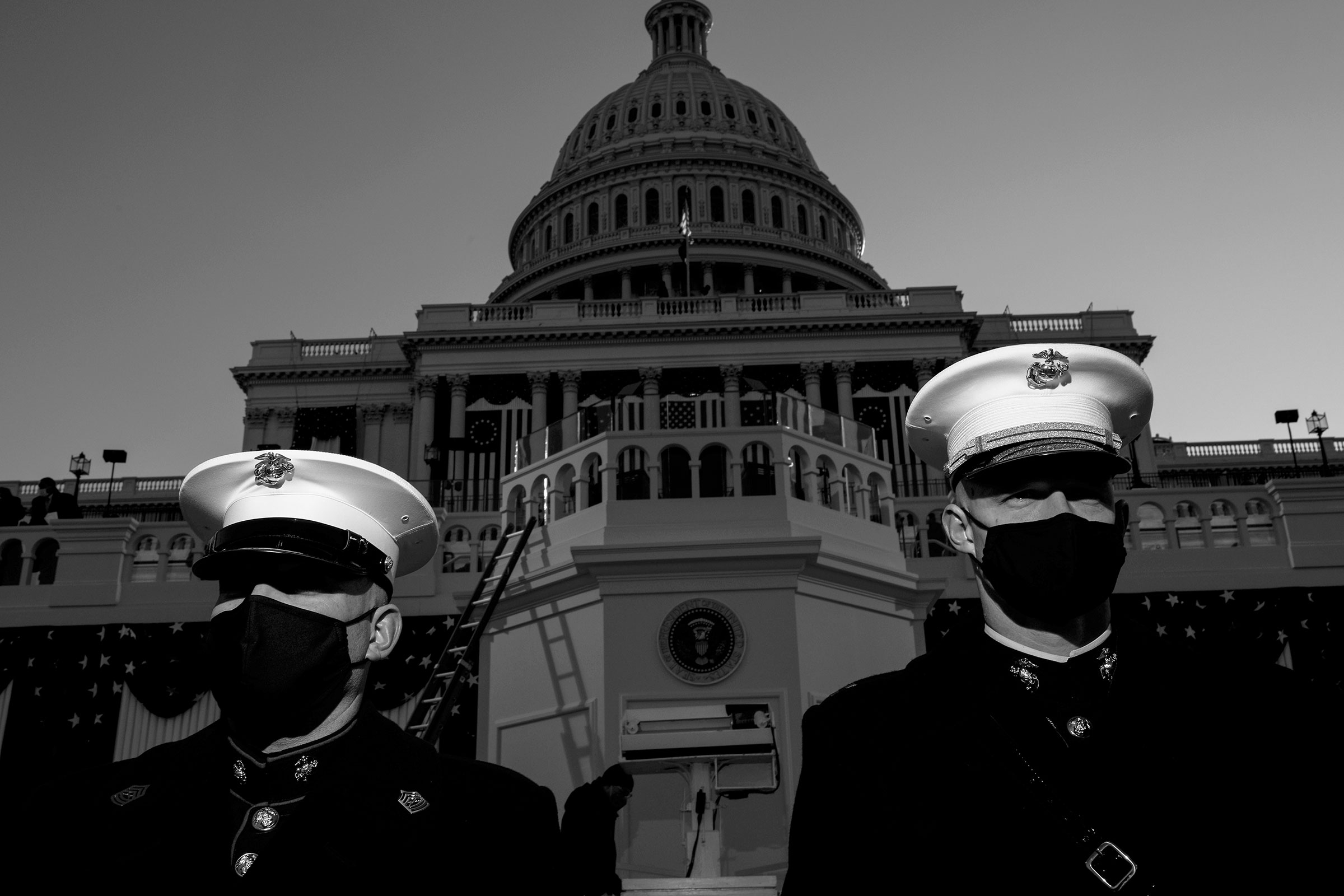 Service members stand guard at the US Capitol ahead of the inauguration of President-elect Joseph R. Biden and Vice President-elect Kamala D. Harris. on Jan. 20, 2021.