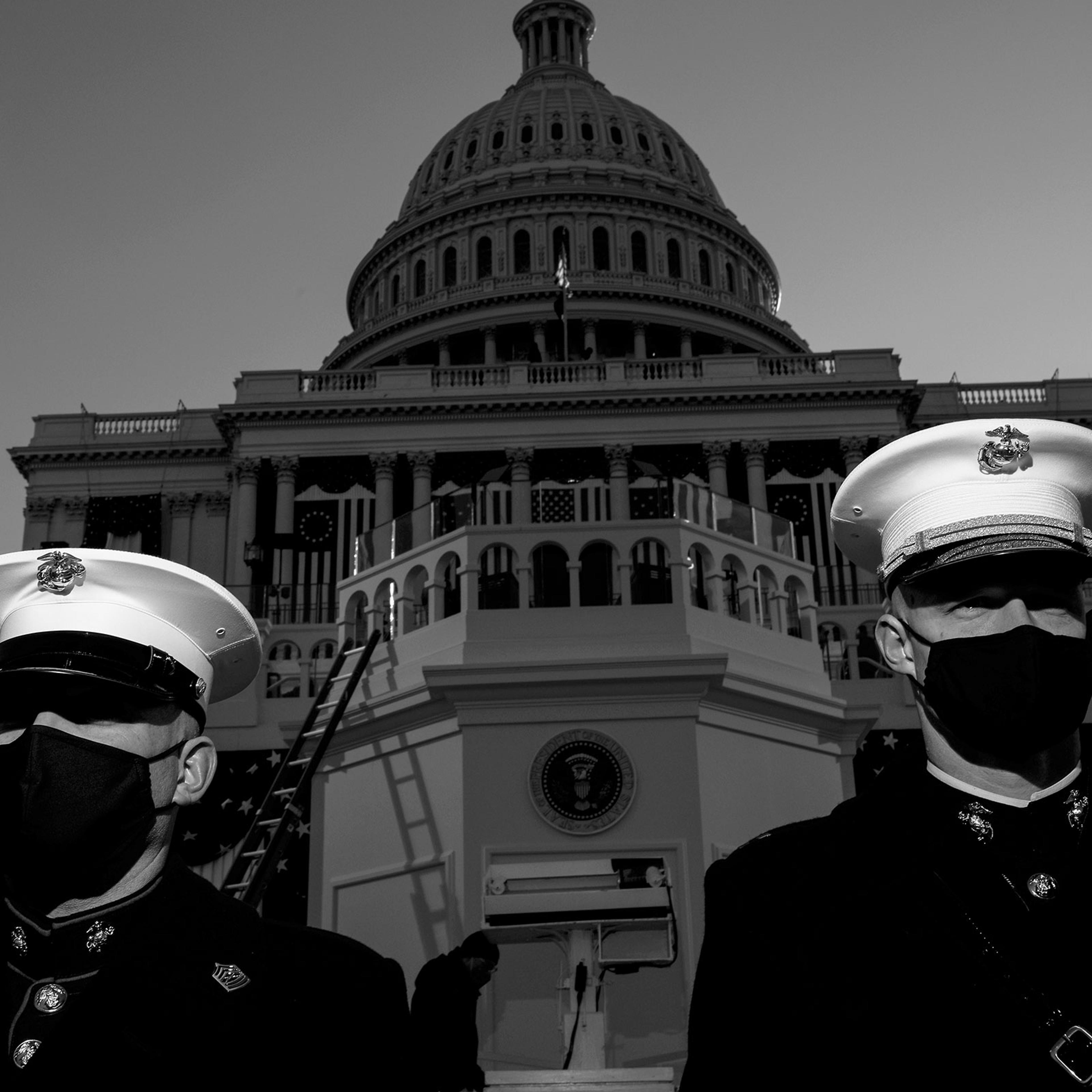 Service members stand guard at the US Capitol ahead of the inauguration of President-elect Joseph R. Biden and Vice President-elect Kamala D. Harris. on Jan. 20, 2021.