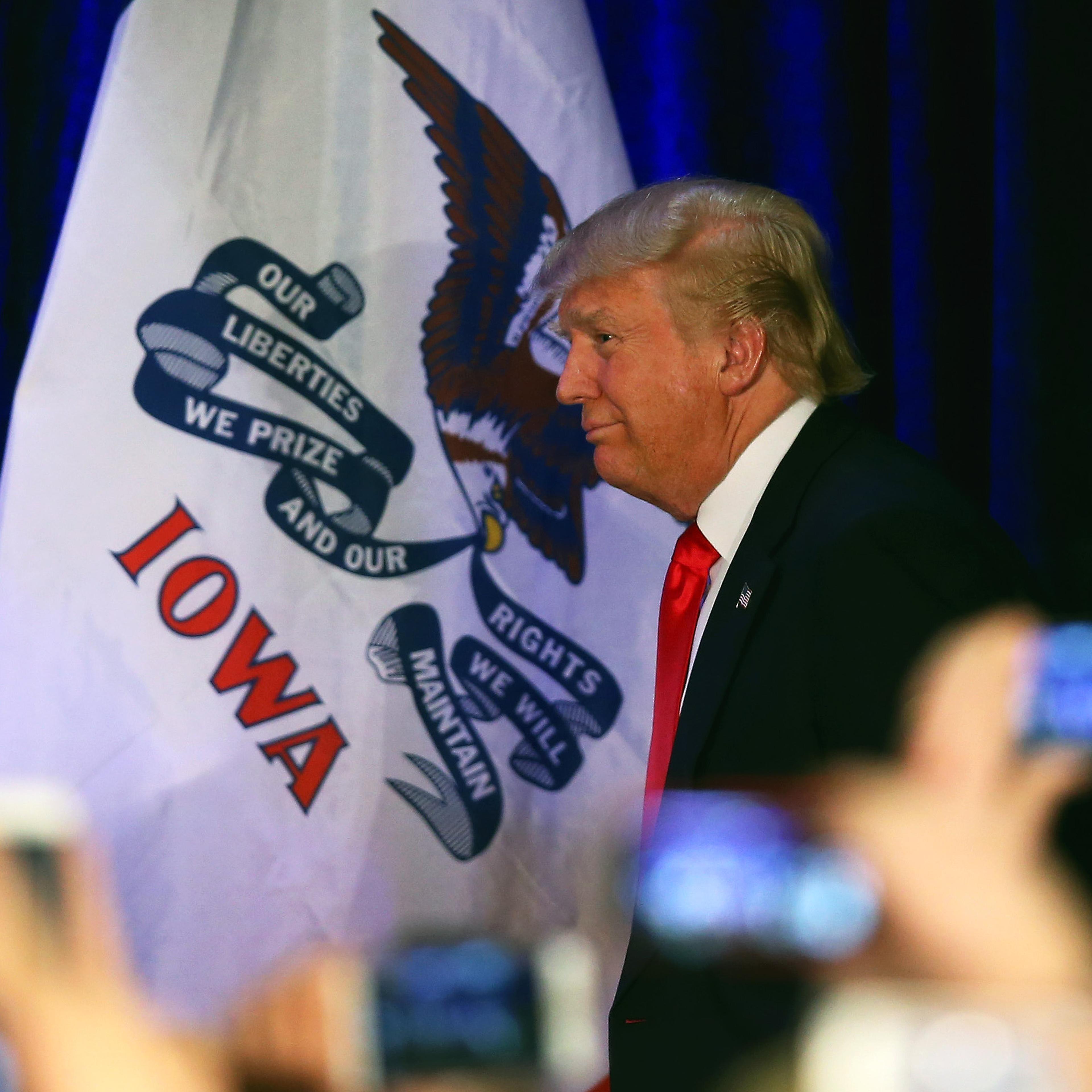 Republican presidential candidate Donald Trump appears at his Iowa Caucus night gathering Feb. 1, 2016 in Des Moines, Iowa.