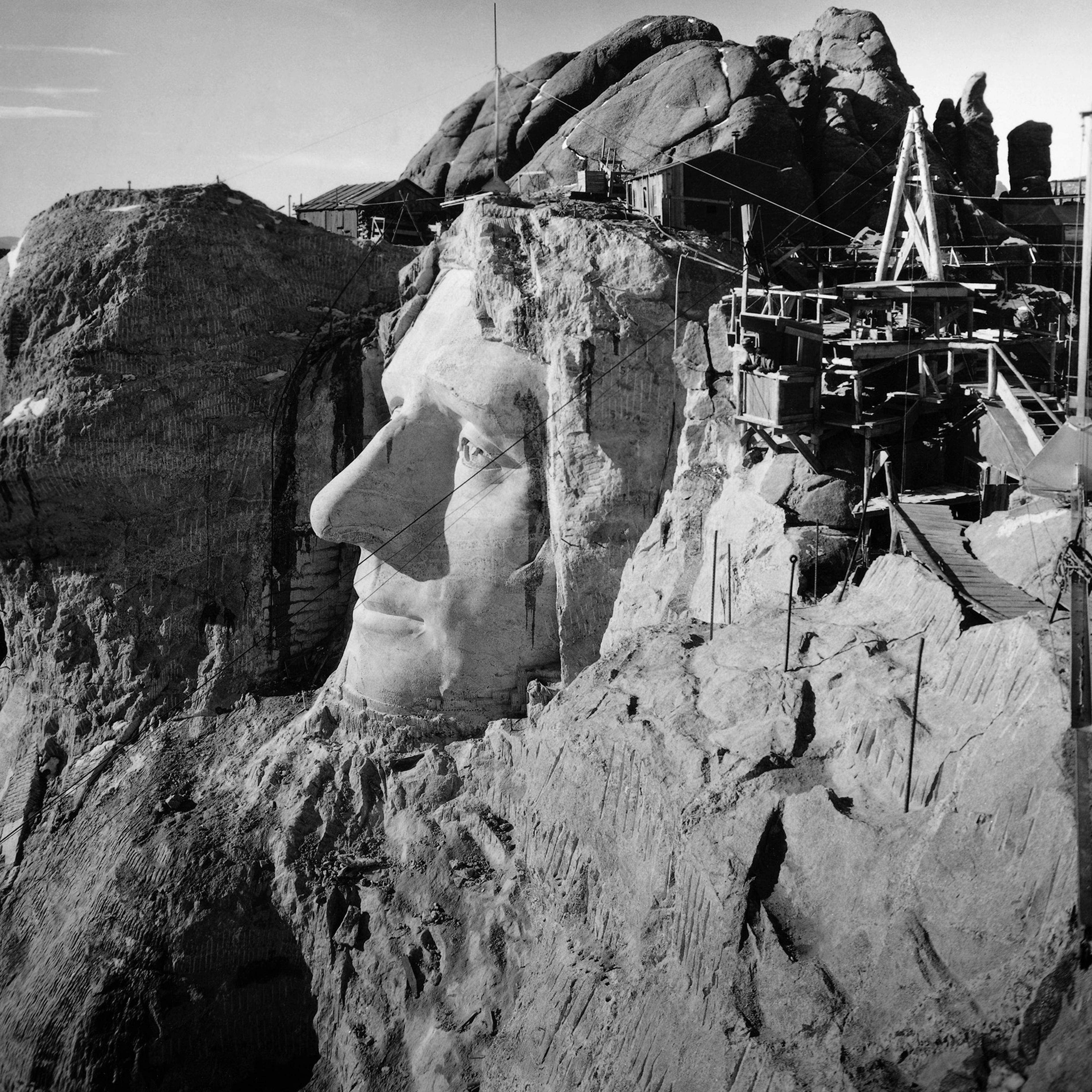 Mount Rushmore, South Dakota: The head of Washington and Jefferson from the top of Lincoln's head. Undated photograph. Ca. 1940s.
