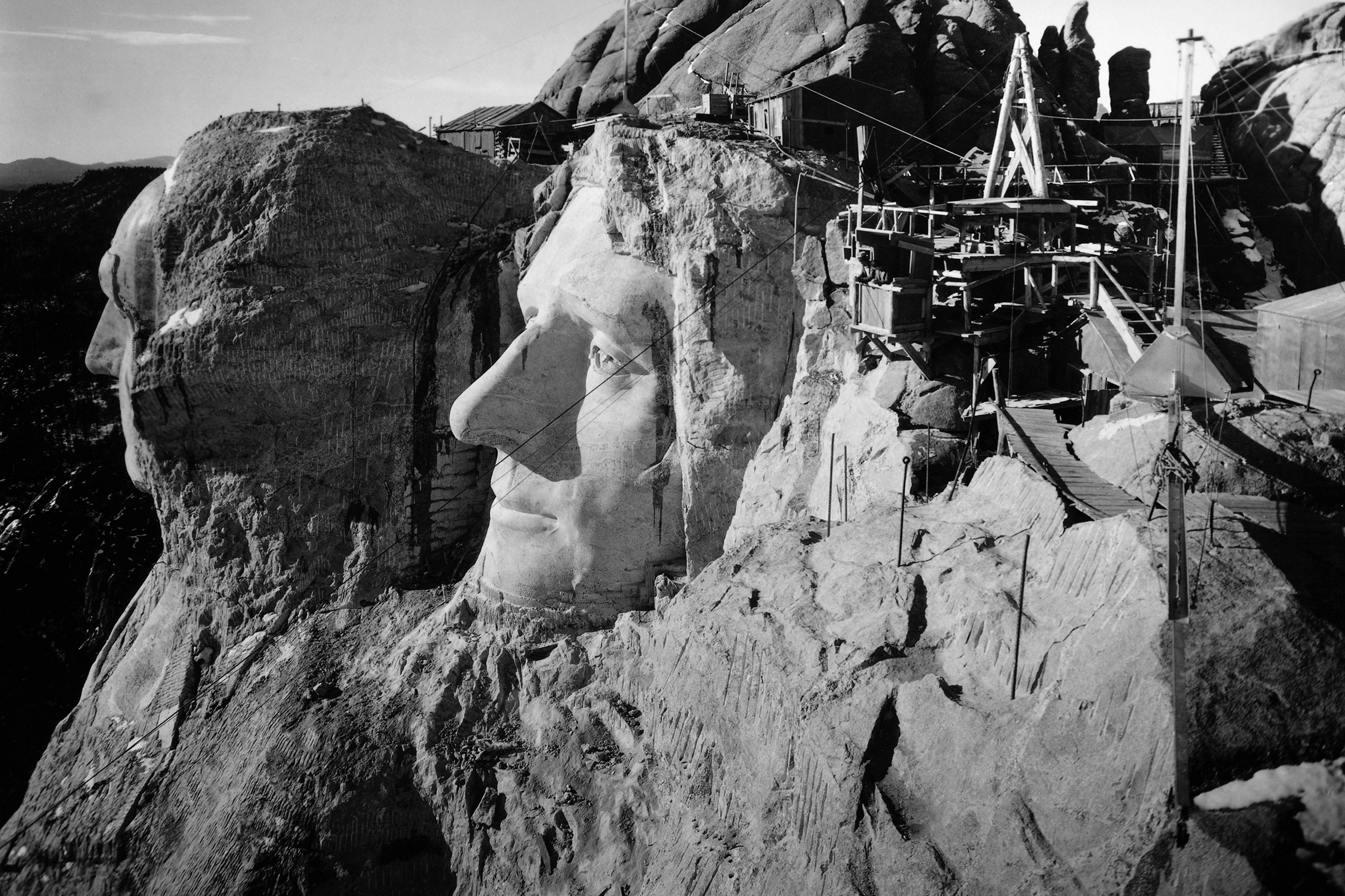 Mount Rushmore, South Dakota: The head of Washington and Jefferson from the top of Lincoln's head. Undated photograph. Ca. 1940s.
