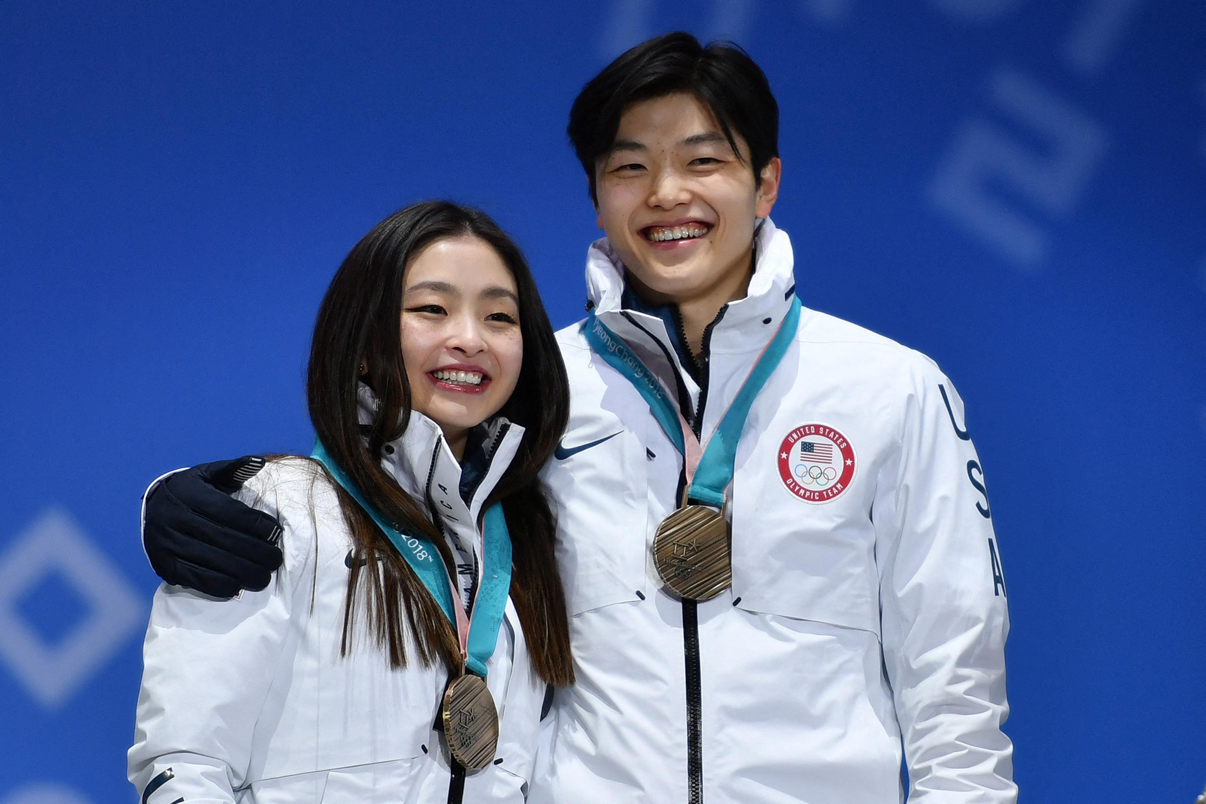 Maia and Alex Shibutani during the medal ceremony at the Pyeongchang 2018 Winter Olympic Games.