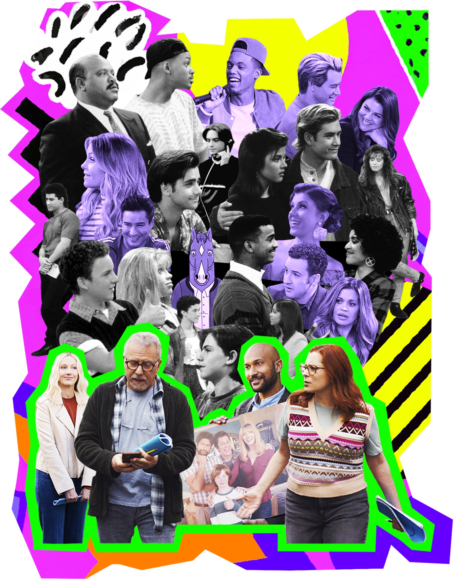 The cast of 'Reboot' (bottom row), surrounded by sitcom characters old and rebooted