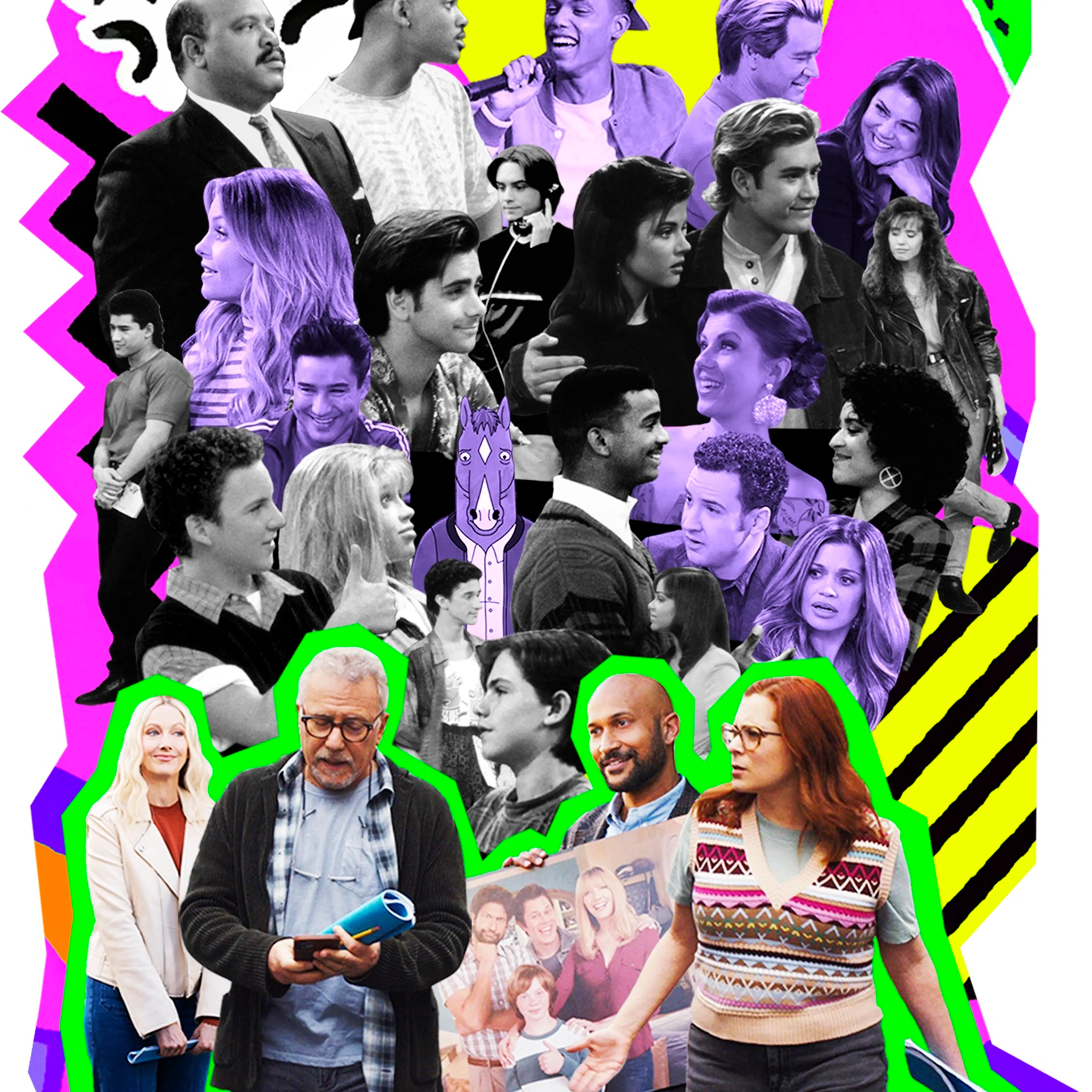 The cast of 'Reboot' (bottom row), surrounded by sitcom characters old and rebooted