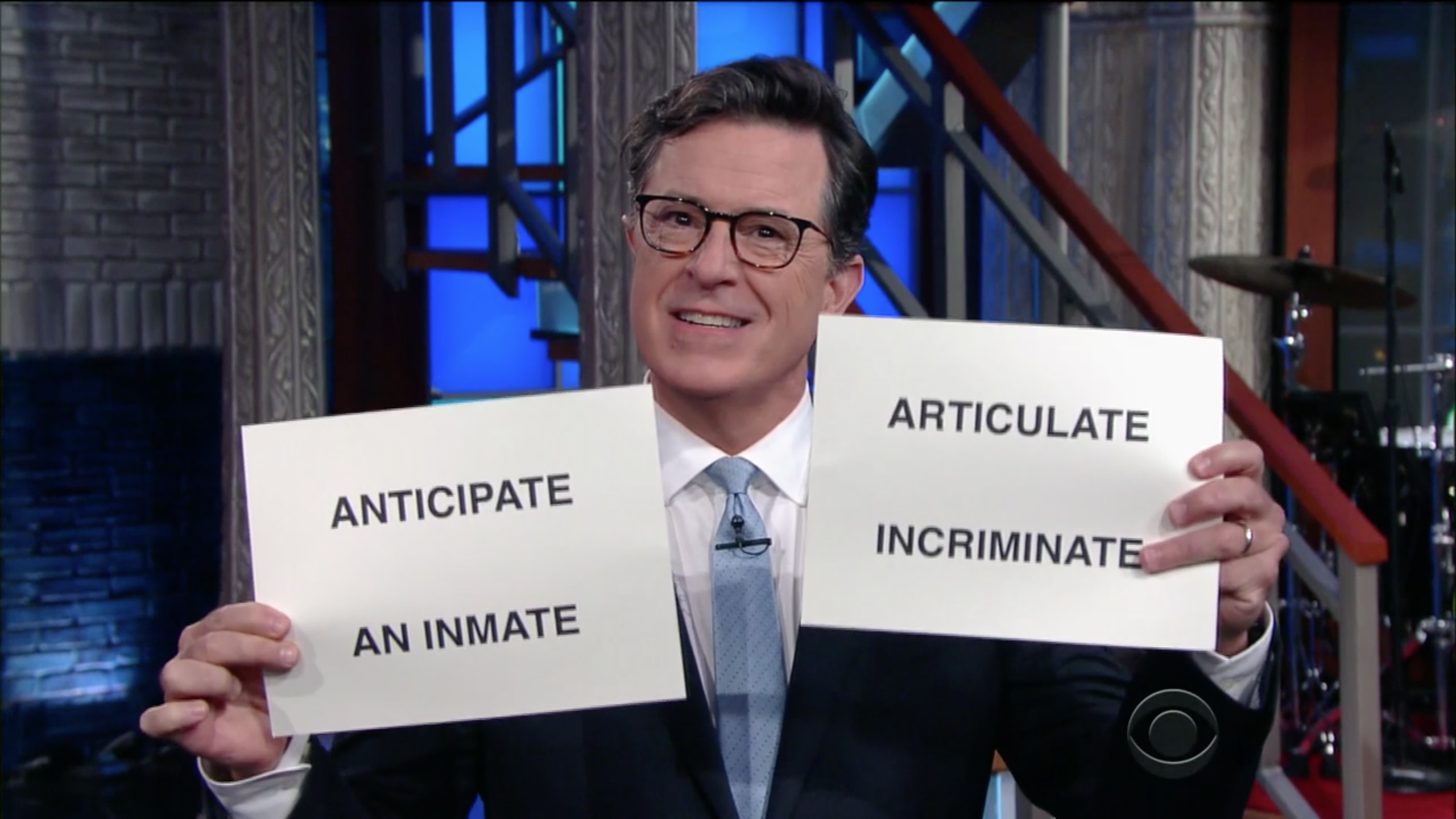 Stephen Colbert recreates Kellyanne Conway's 'Fun With Words' during his show The Late Show with Stephen Colbert on July 13, 2017 in New York.