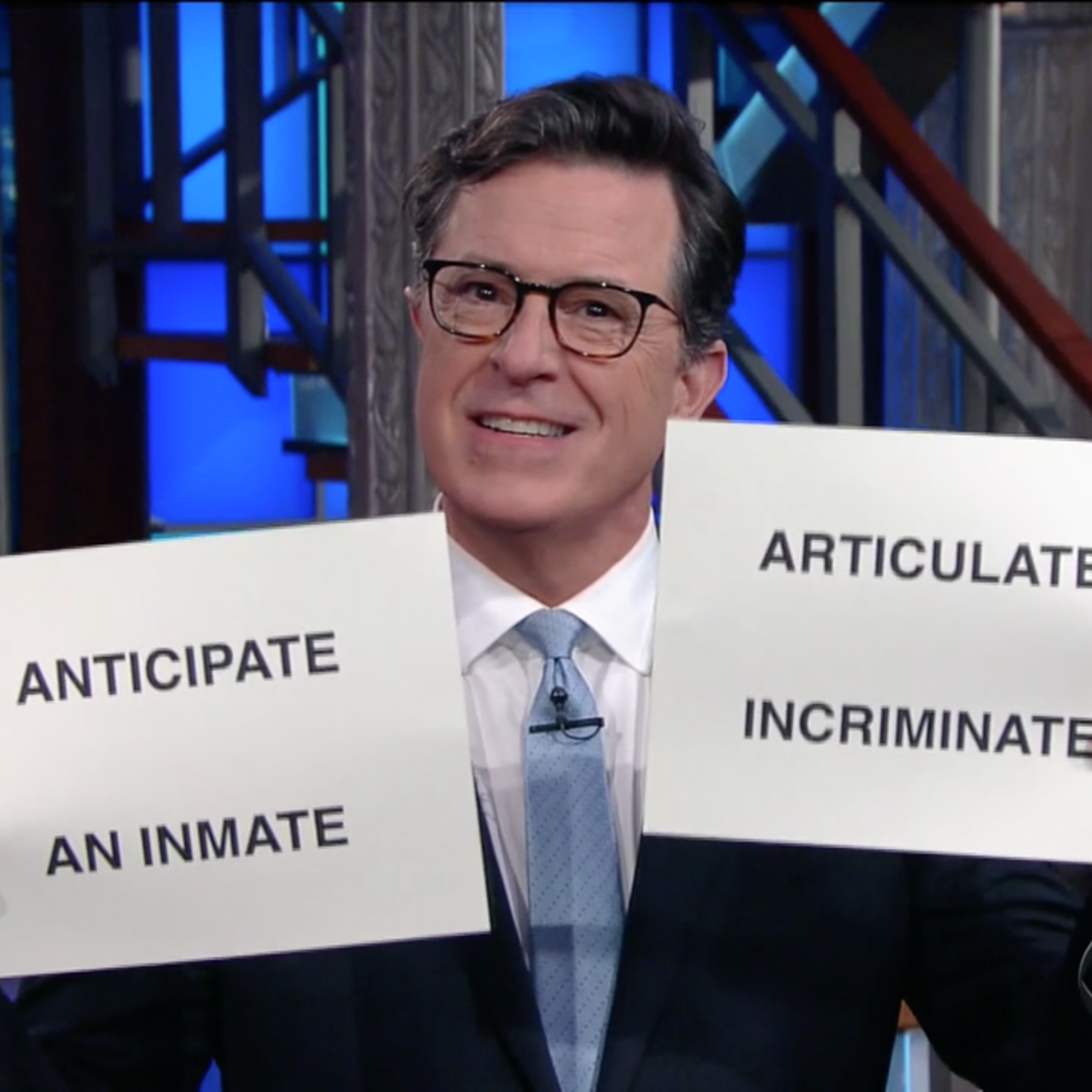 Stephen Colbert recreates Kellyanne Conway's 'Fun With Words' during his show The Late Show with Stephen Colbert on July 13, 2017 in New York.