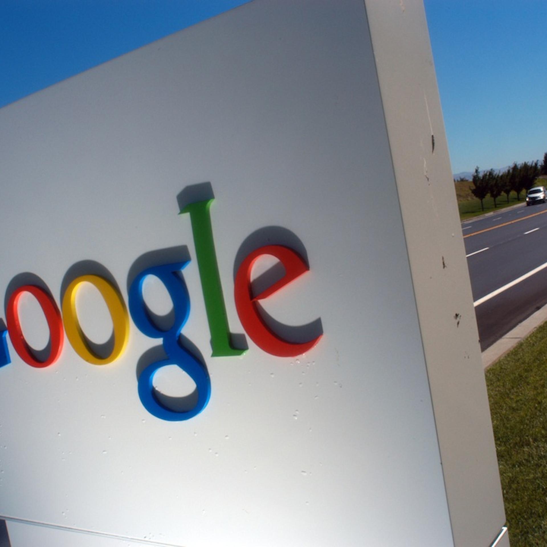 The Google logo is seen on a sign outside of Google Inc. hea