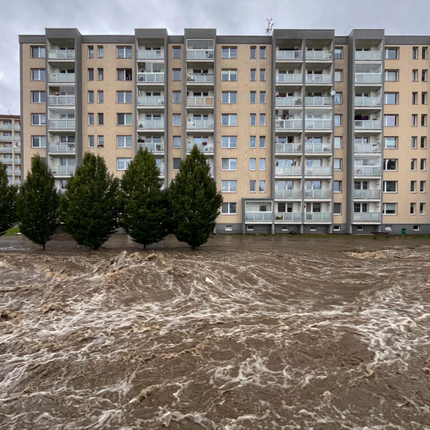 Flooded street during heavy rain on Sept. 15, 2024 in Jesenik Czech Republic.