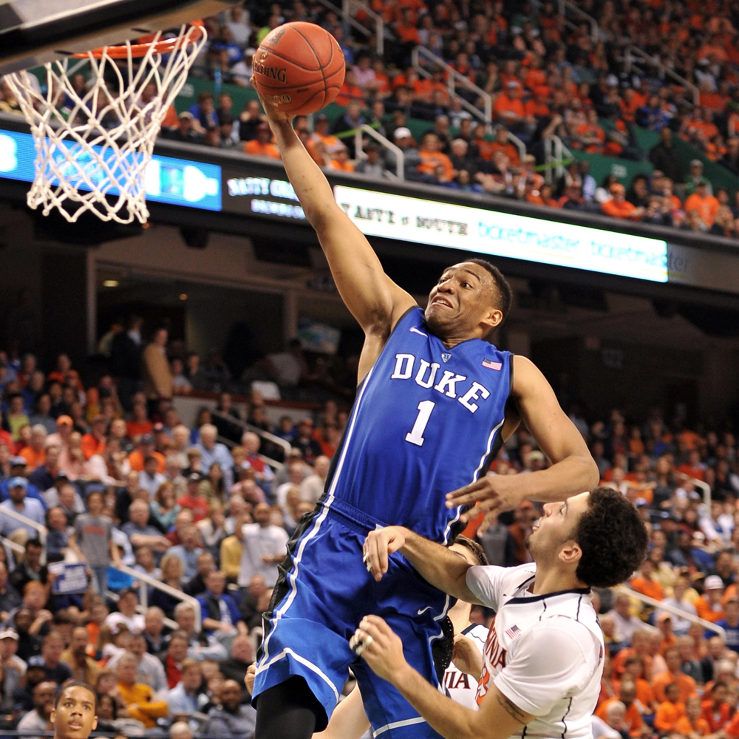 Jabari Parker, #1 of the Duke Blue Devils, goes up for a dunk against the Virginia Cavaliers during the finals of the 2014 Men's ACC Basketball Tournament on March 16, 2014 in Greensboro, North Carolina. Virginia defeated Duke 72-63.