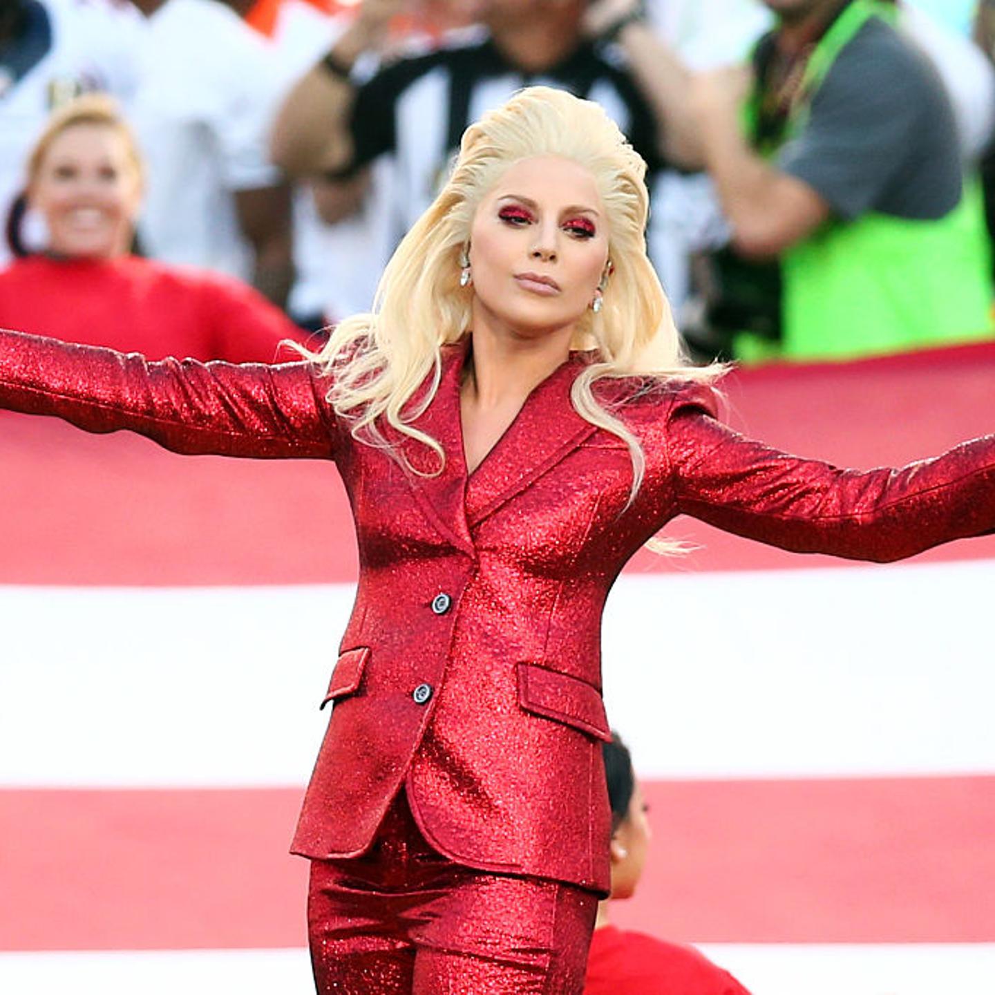 Lady Gaga sings the National Anthem at Super Bowl 50 at Levi's Stadium on Feb. 7, 2016 in Santa Clara, California.