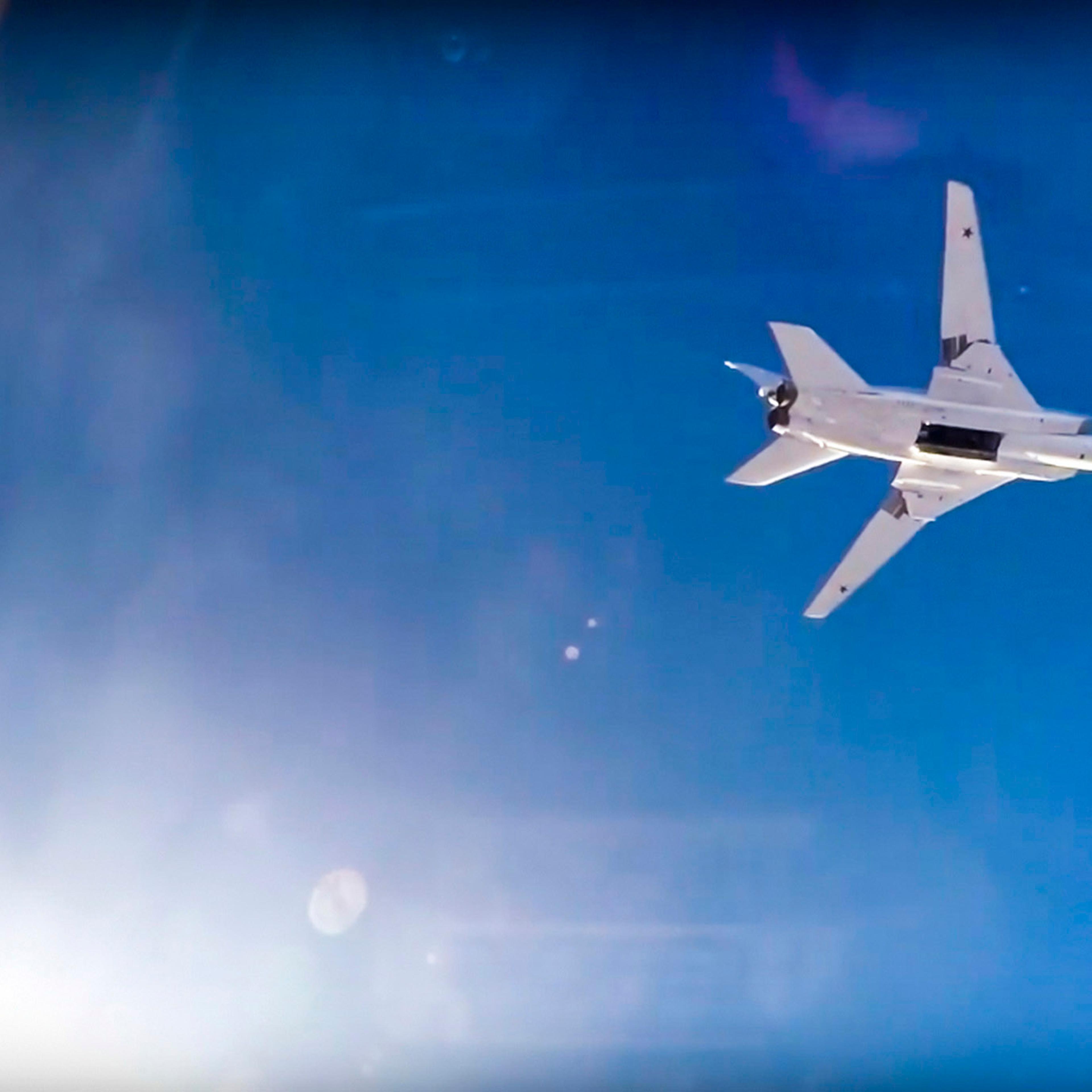 Russian long range bomber Tu-22M3 flies during an air strike over Aleppo region of Syria on Aug. 16, 2016.