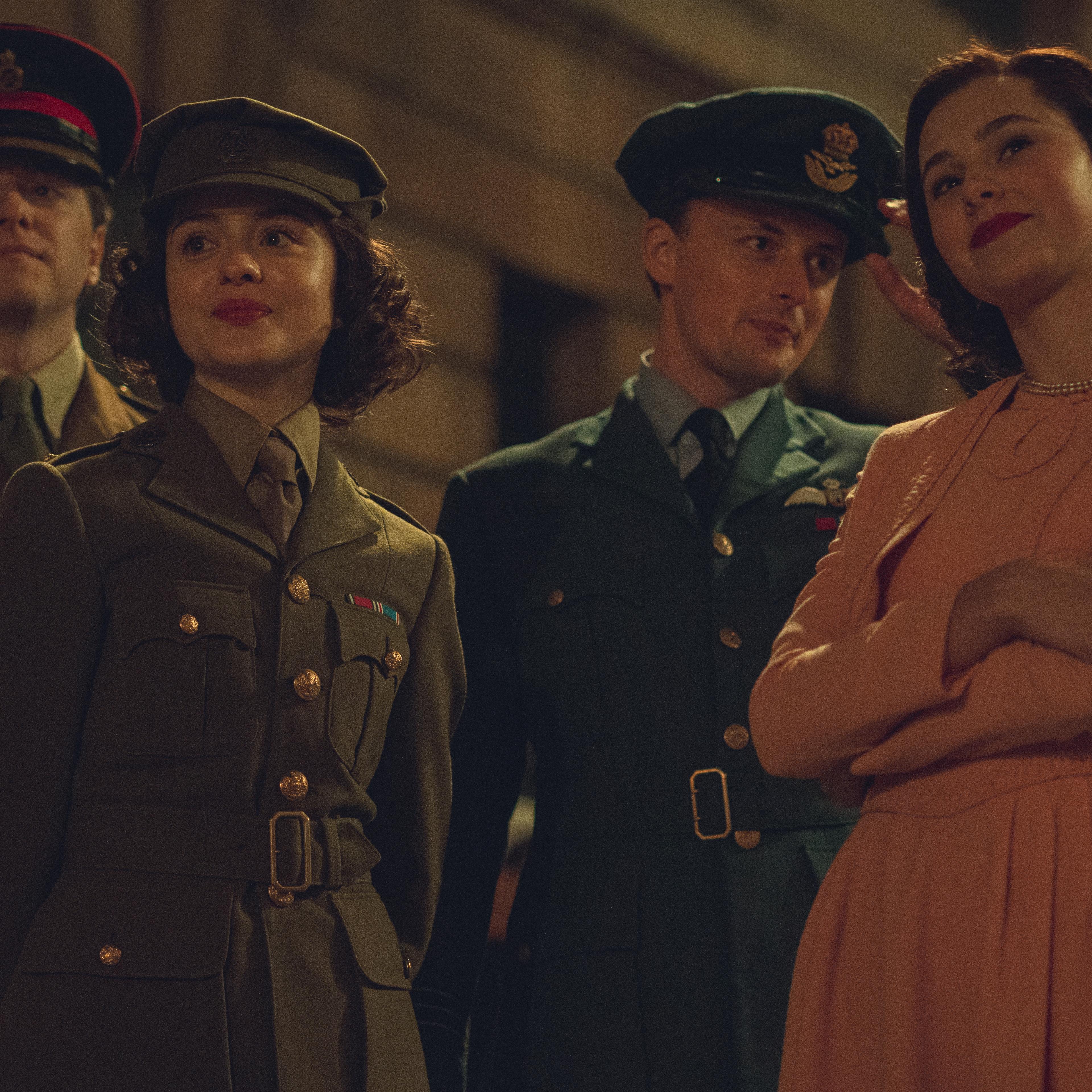 Claire Foy as Queen Elizabeth II celebrating the end of World War II in The Crown Season 6