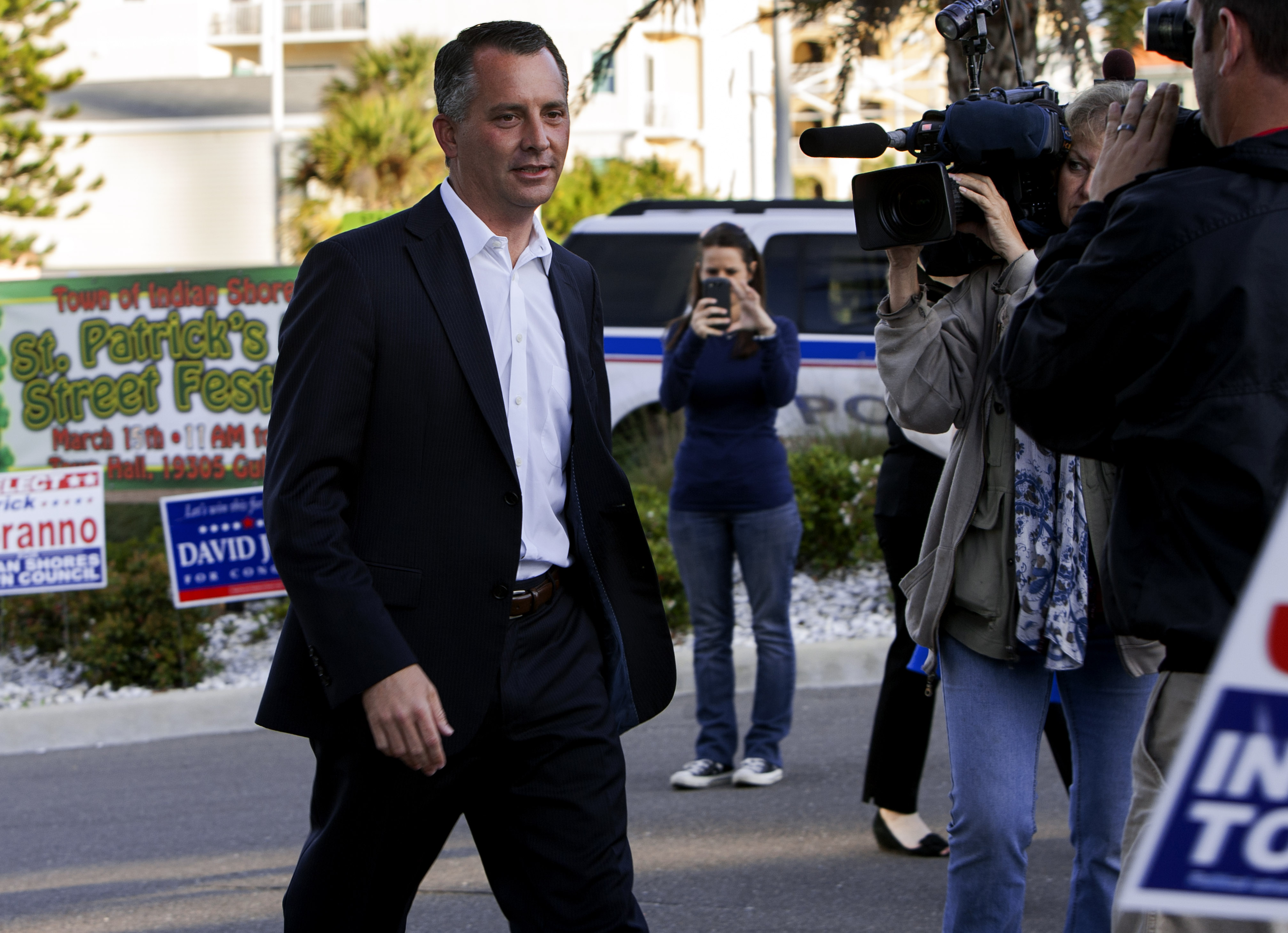 Candidate David Jolly arrives at the Indian Shores Town Hall to place his vote in the special election for Florida 13th Congressional District in Indian Shores, Fla., March 11, 2014.