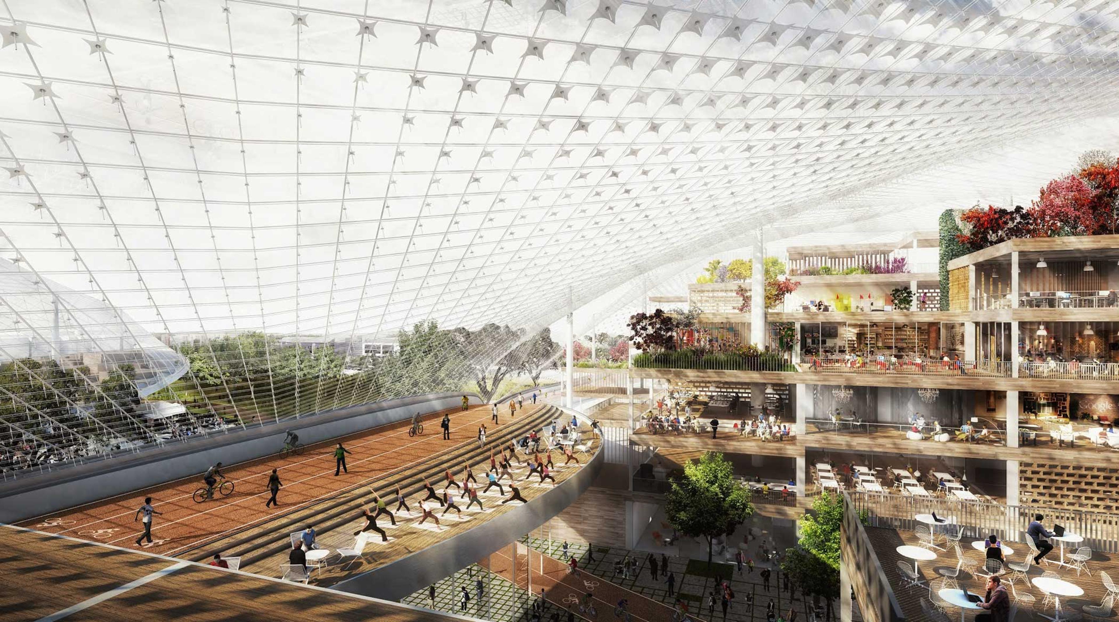 This rendering shows the inside of the proposed Charleston South building looking west. Within the canopy, building segments operate like furniture—light, tactile and reconfigurable. These segments form small villages where employees can work or relax. T