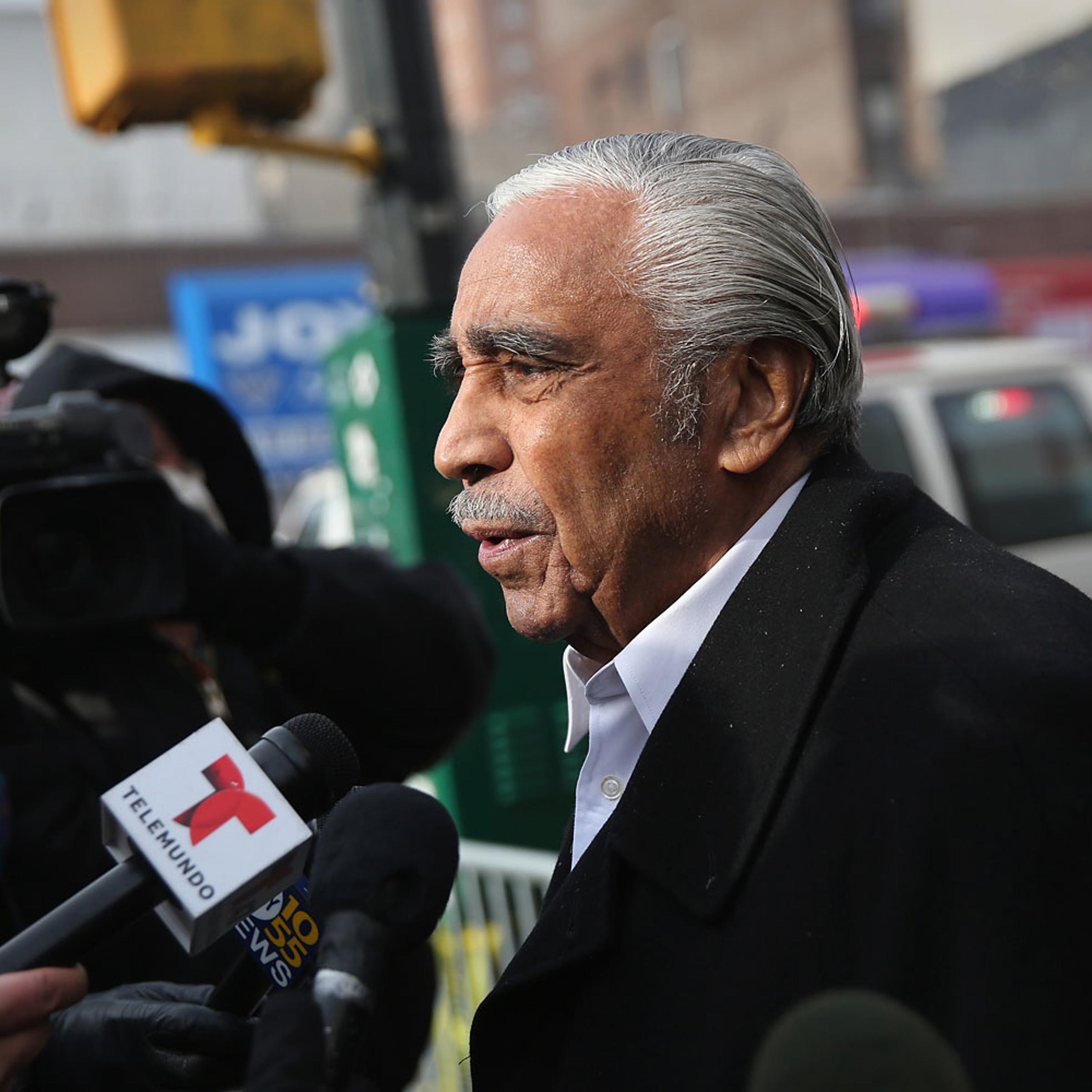 U.S. Rep. Charles Rangel (D-NY), speaks to the media near the smoking site of an explosion in East Harlem on March 13, 2014 in New York City.