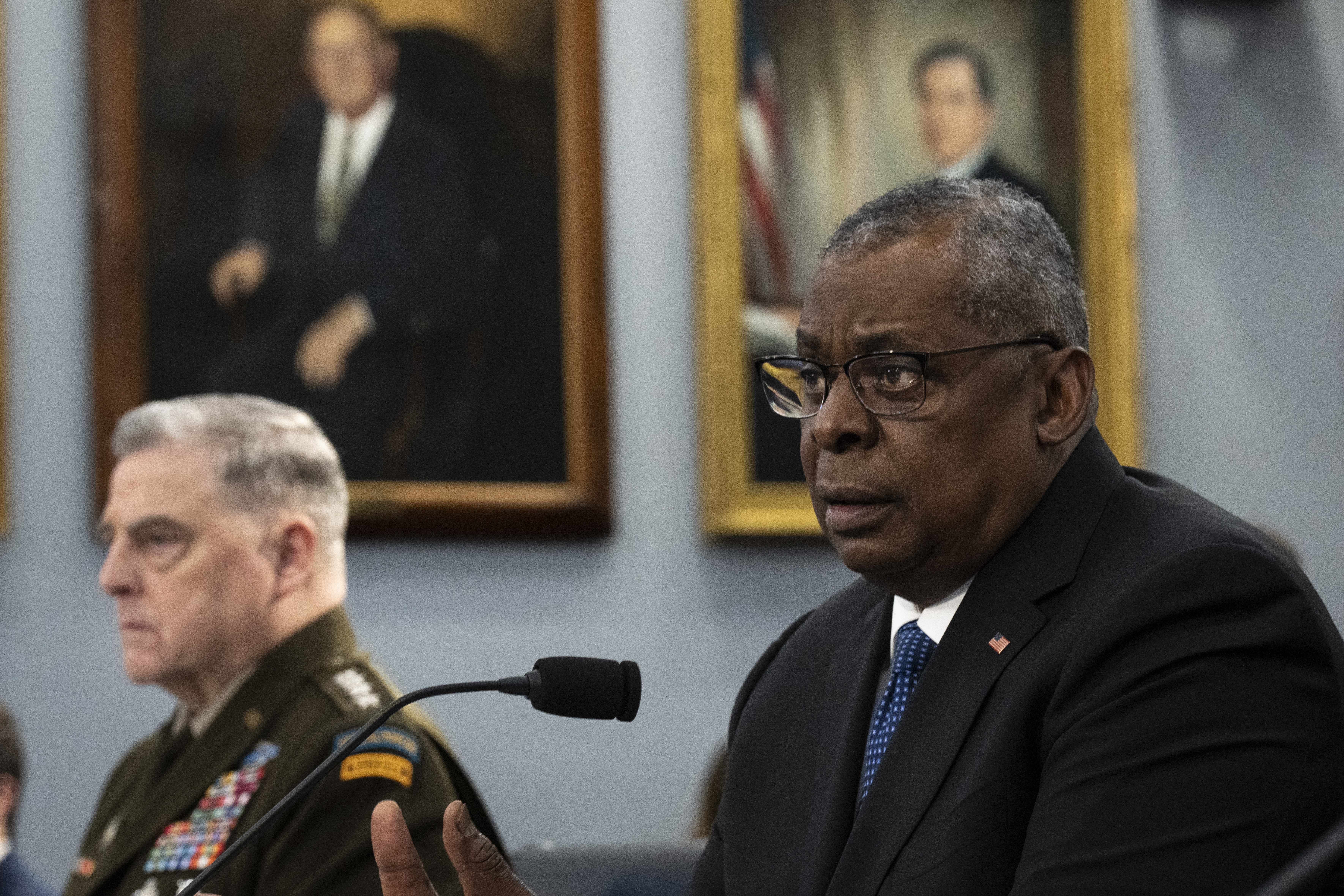 Chairman of the Joint Chiefs of Staff General Mark Milley and U.S. Secretary of Defense Lloyd Austin testify during a House Appropriations Defense Subcommittee hearing