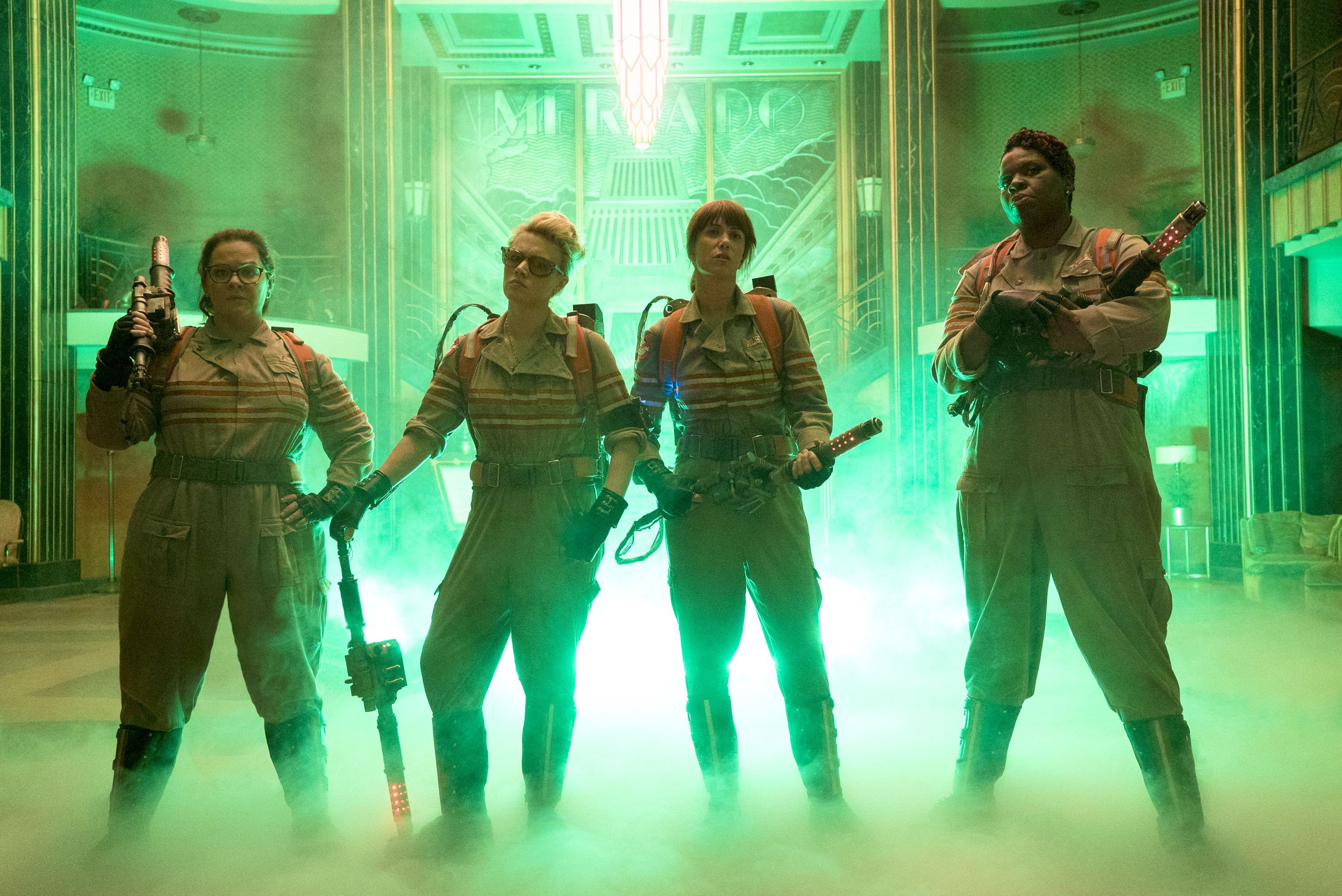 Melissa McCarthy as Abby, Kate McKinnon as Holtzmann, Kristen Wiig as Erin and Leslie Jones as Patty in Columbia Pictures' Ghostbusters.