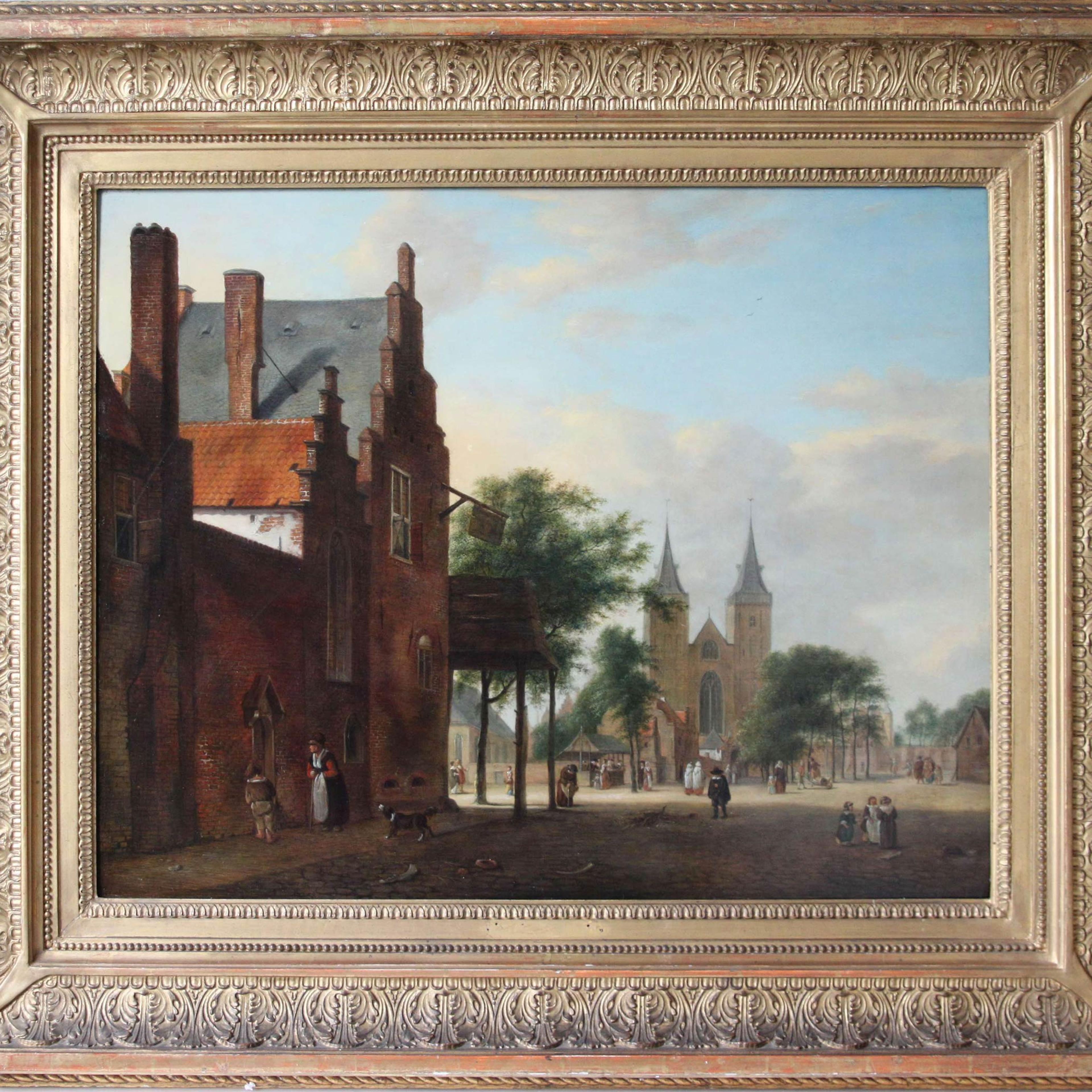 "View of a Dutch Square," believed to be a copy of a painting by the 17th-century Dutch artist Jan van der Heyden.