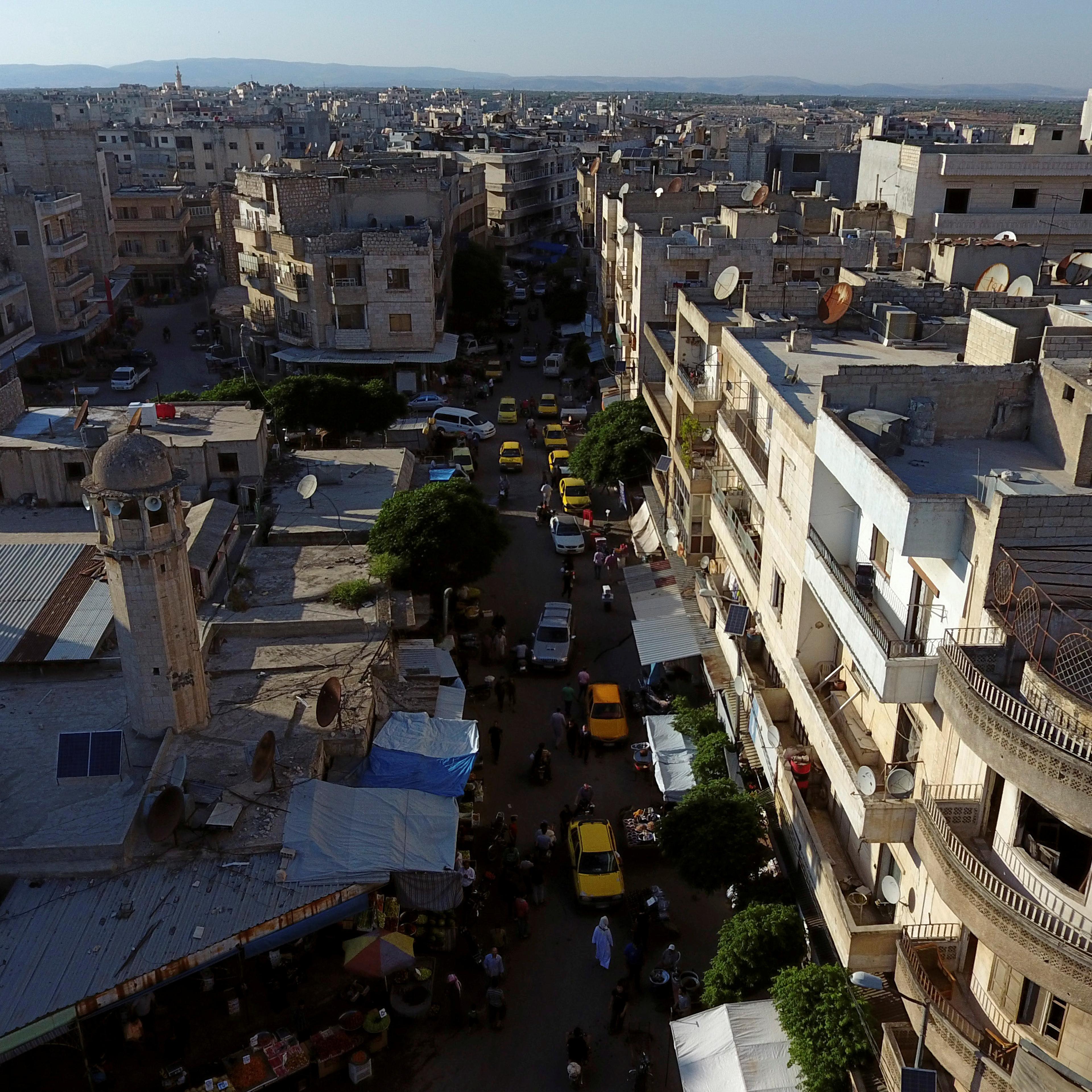 FILE PHOTO:A general view taken with a drone shows part of the rebel-held Idlib city