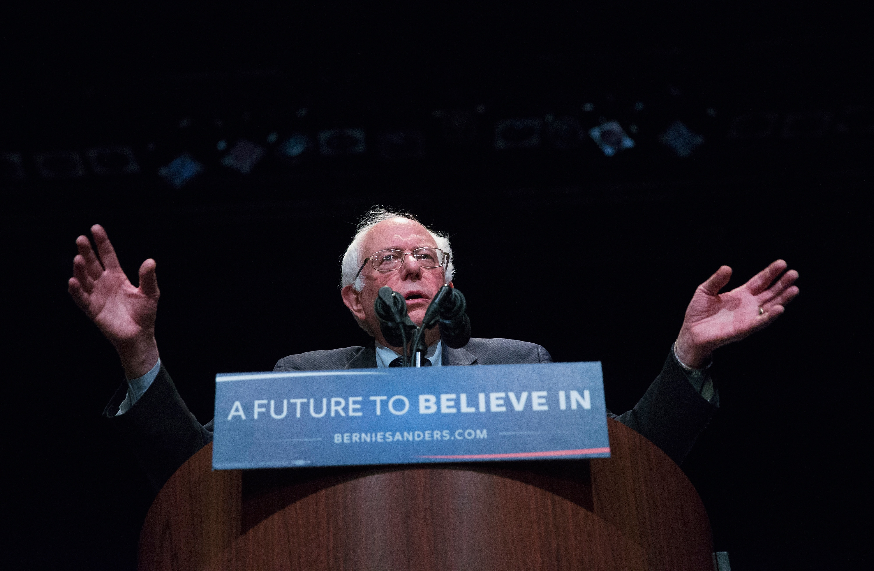Democratic presidential candidate Senator Bernie Sanders (D-VT) speaks to guest at a campaign rally at the Grand Theater on in Wausau, Wisc., on April 3, 2016.