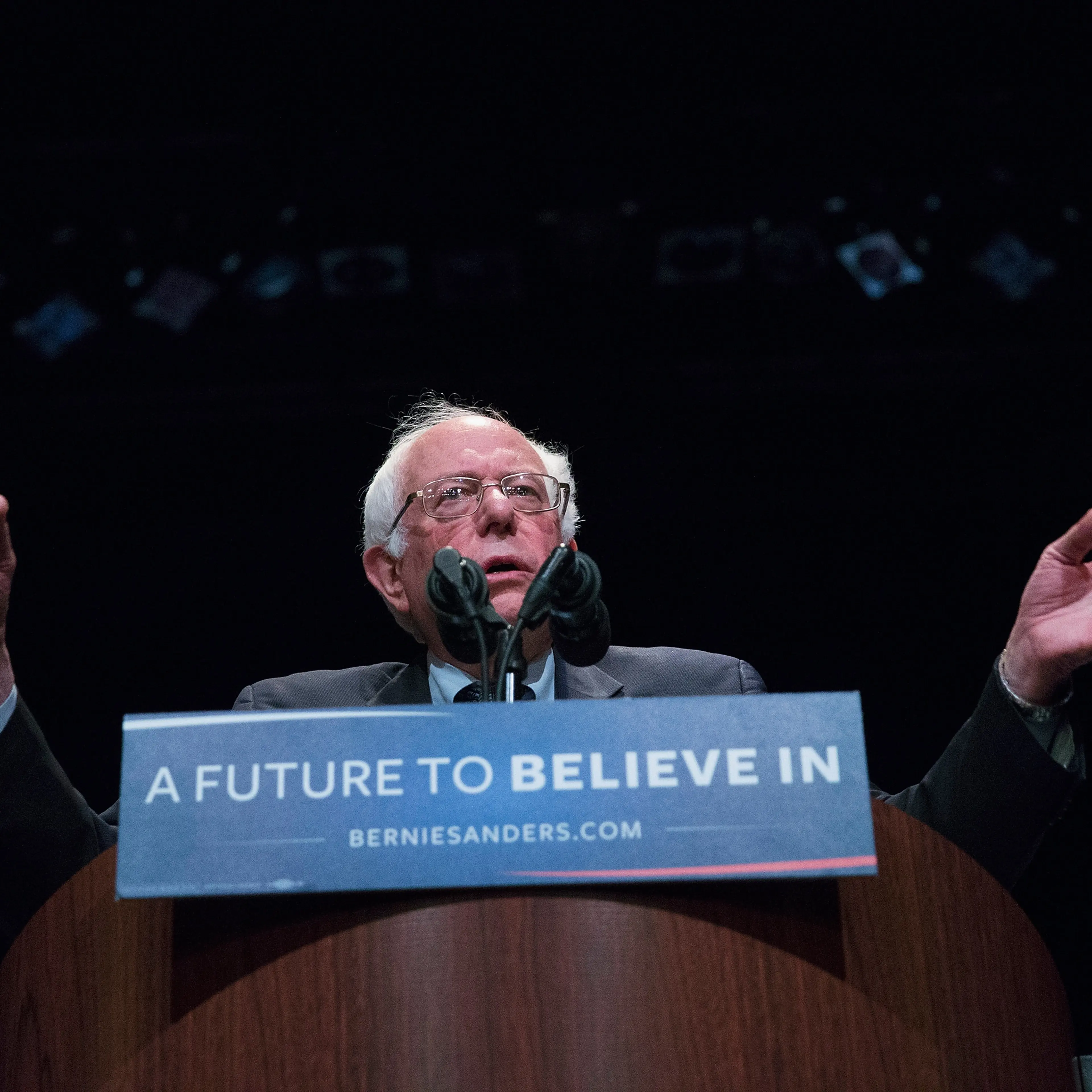 Democratic presidential candidate Senator Bernie Sanders (D-VT) speaks to guest at a campaign rally at the Grand Theater on in Wausau, Wisc., on April 3, 2016.
