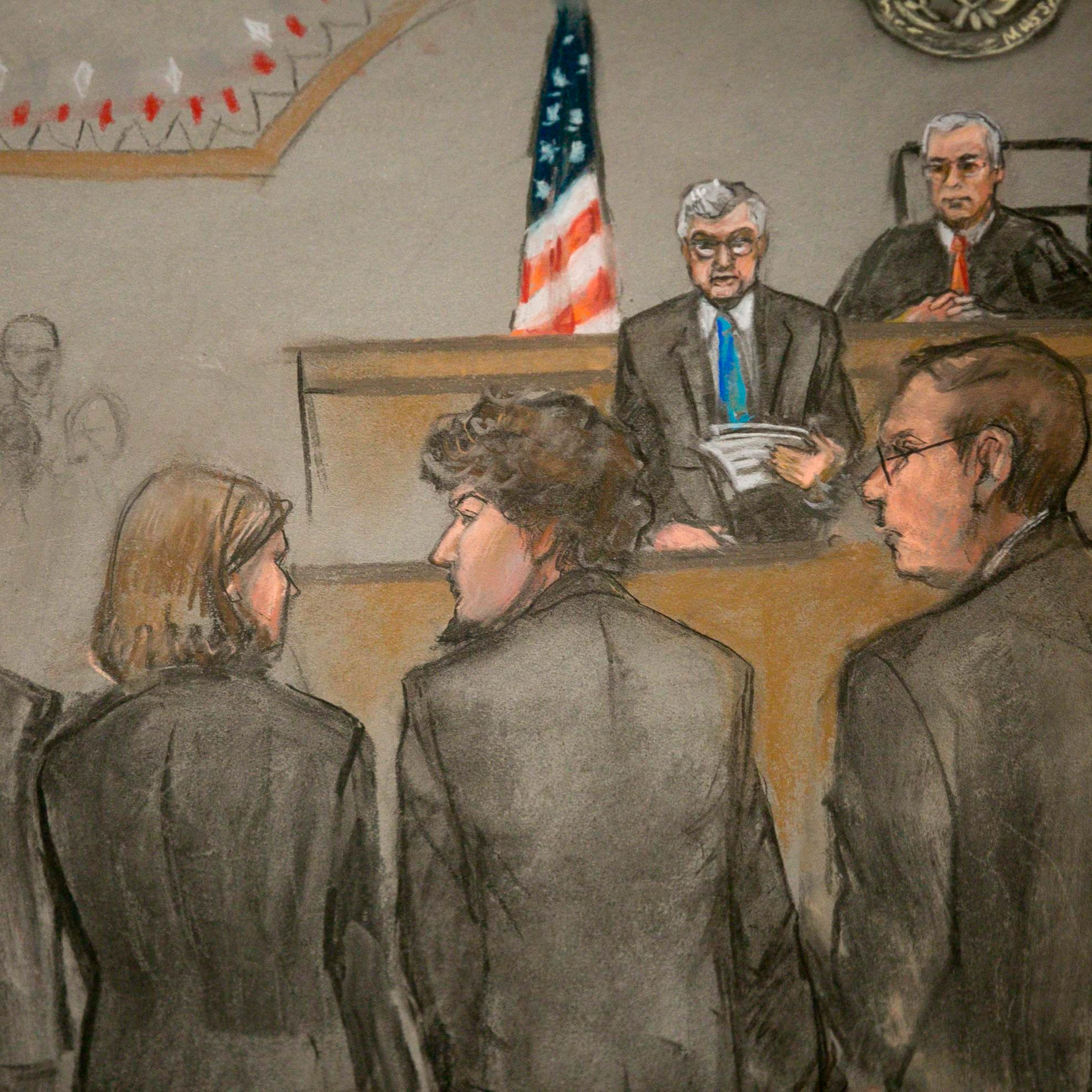 A courtroom sketch shows Boston Marathon bombing suspect Dzhokhar Tsarnaev (2nd R) and his defense team as the verdict is read at the federal courthouse in Boston on April 8, 2015.