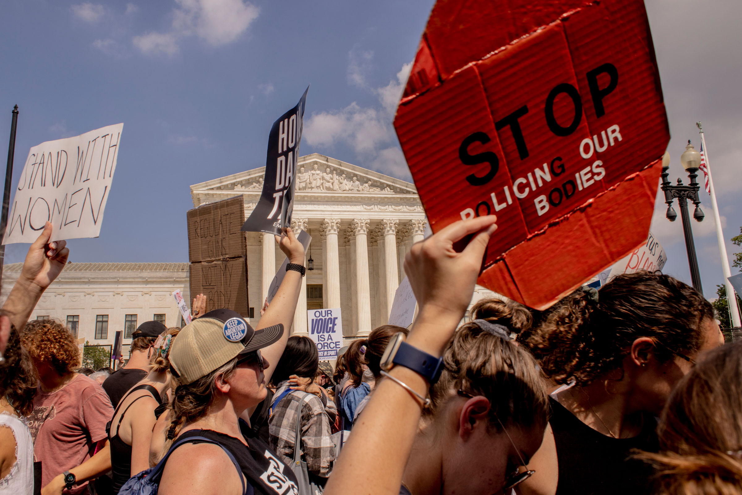 The scene outside the Supreme Court after the Court announced a ruling in the Dobbs v Jackson Women's Health Organization case on June 24, 2022 in Washington, DC. 