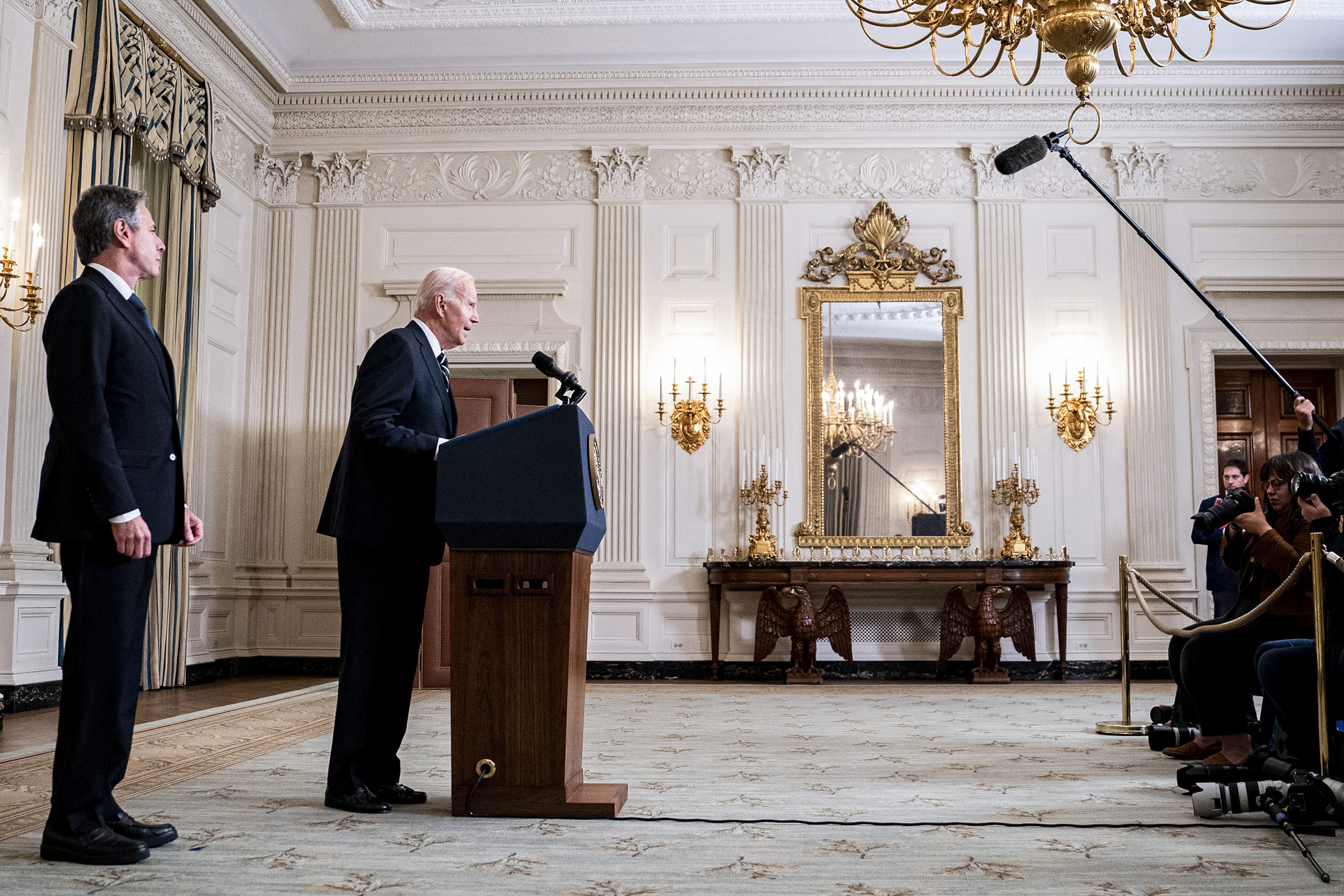 President Joe Biden delivers remarks on the Hamas attacks on Israel as Secretary of State Antony Blinken, left, looks on during a news briefing in Washington, D.C., on Oct. 7, 2023.