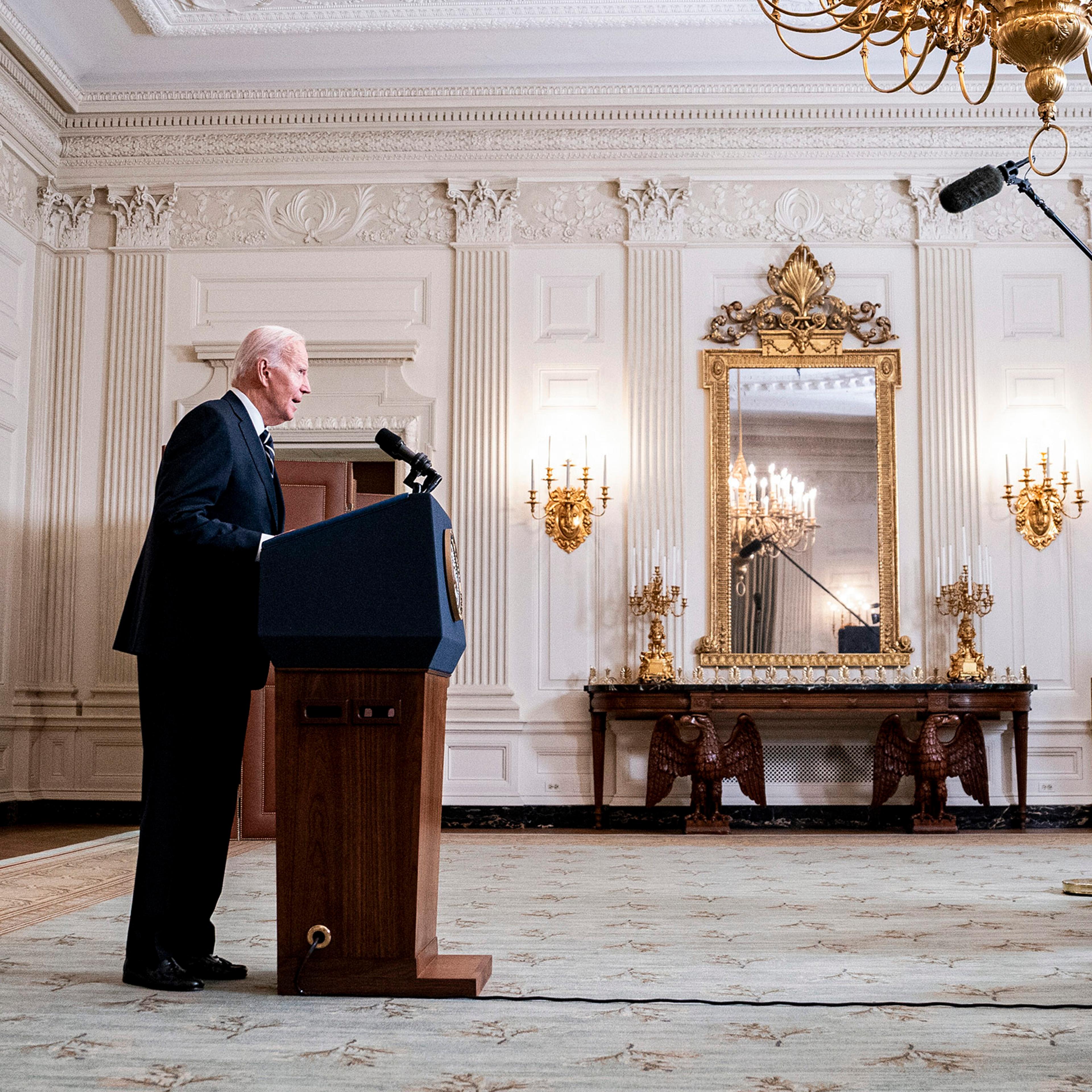 President Joe Biden delivers remarks on the Hamas attacks on Israel as Secretary of State Antony Blinken, left, looks on during a news briefing in Washington, D.C., on Oct. 7, 2023.