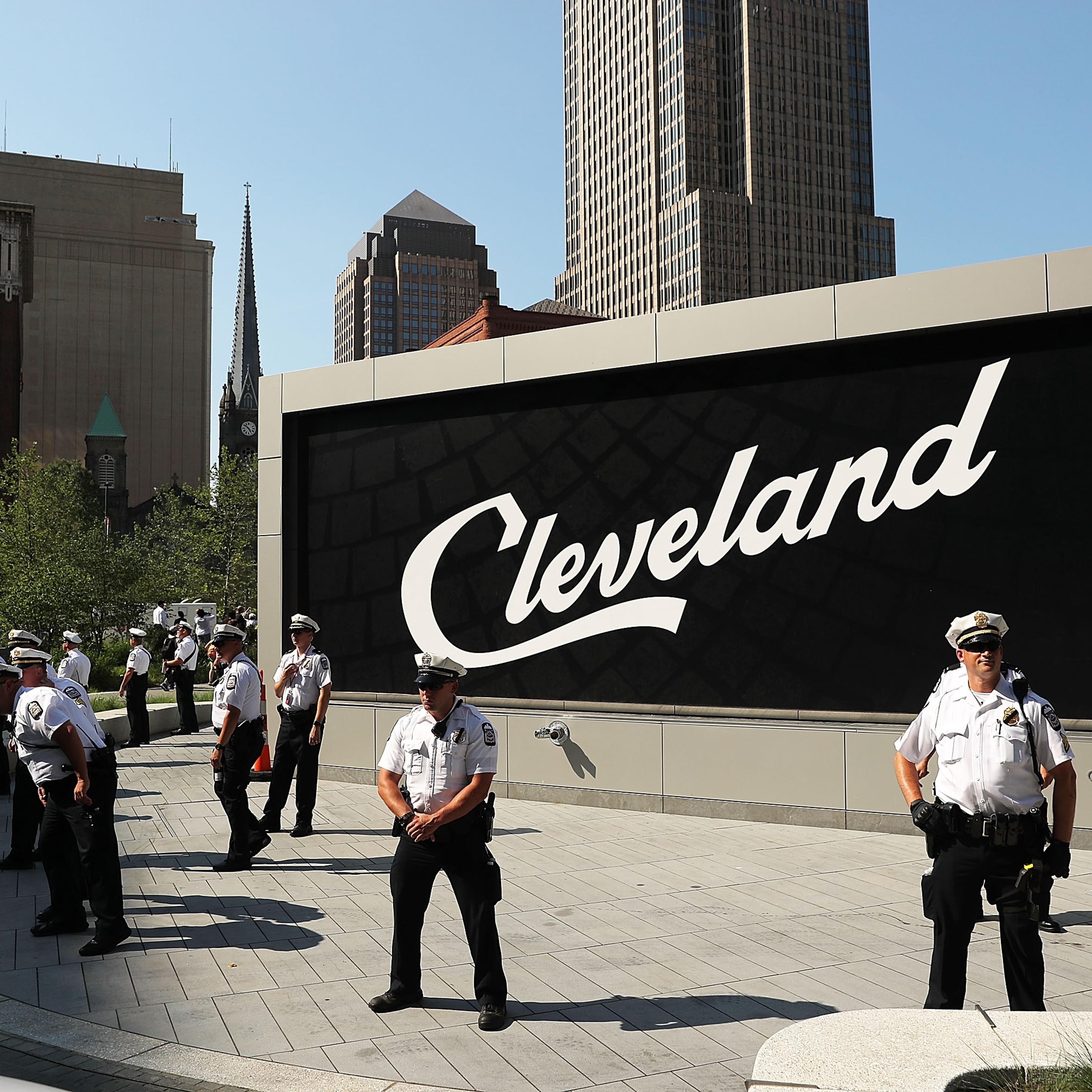 Police stand guard near the site of the Republican National Convention in downtown Cleveland, July 19, 2016.