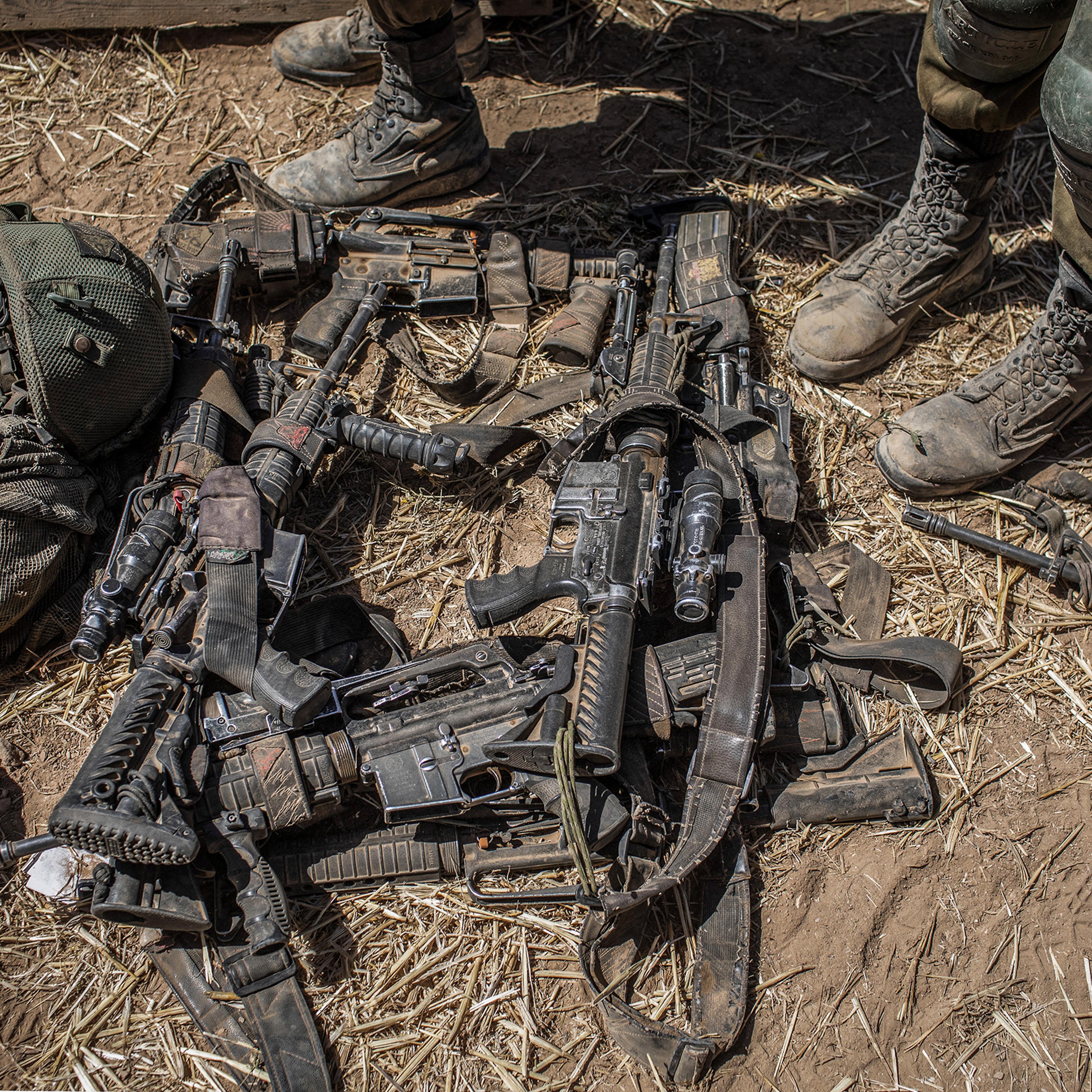 Weapons belonging to soldiers of the Israel Defense Forces near Sderot on May 19, 2021.