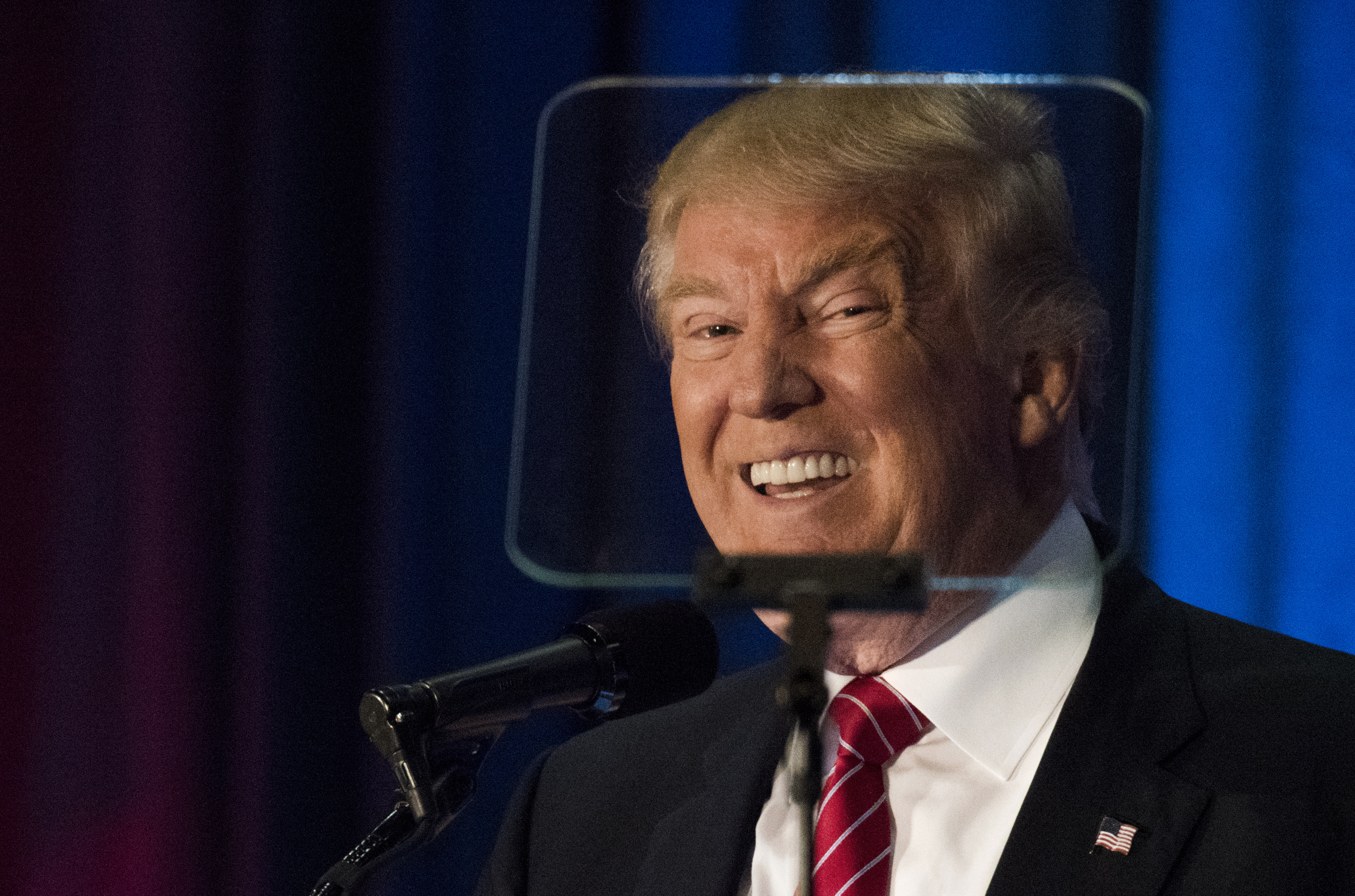Donald Trump, 2016 Republican presidential nominee, reads from a teleprompter during a campaign event at Youngstown State University in Youngstown, Ohio, on Aug. 15, 2016.