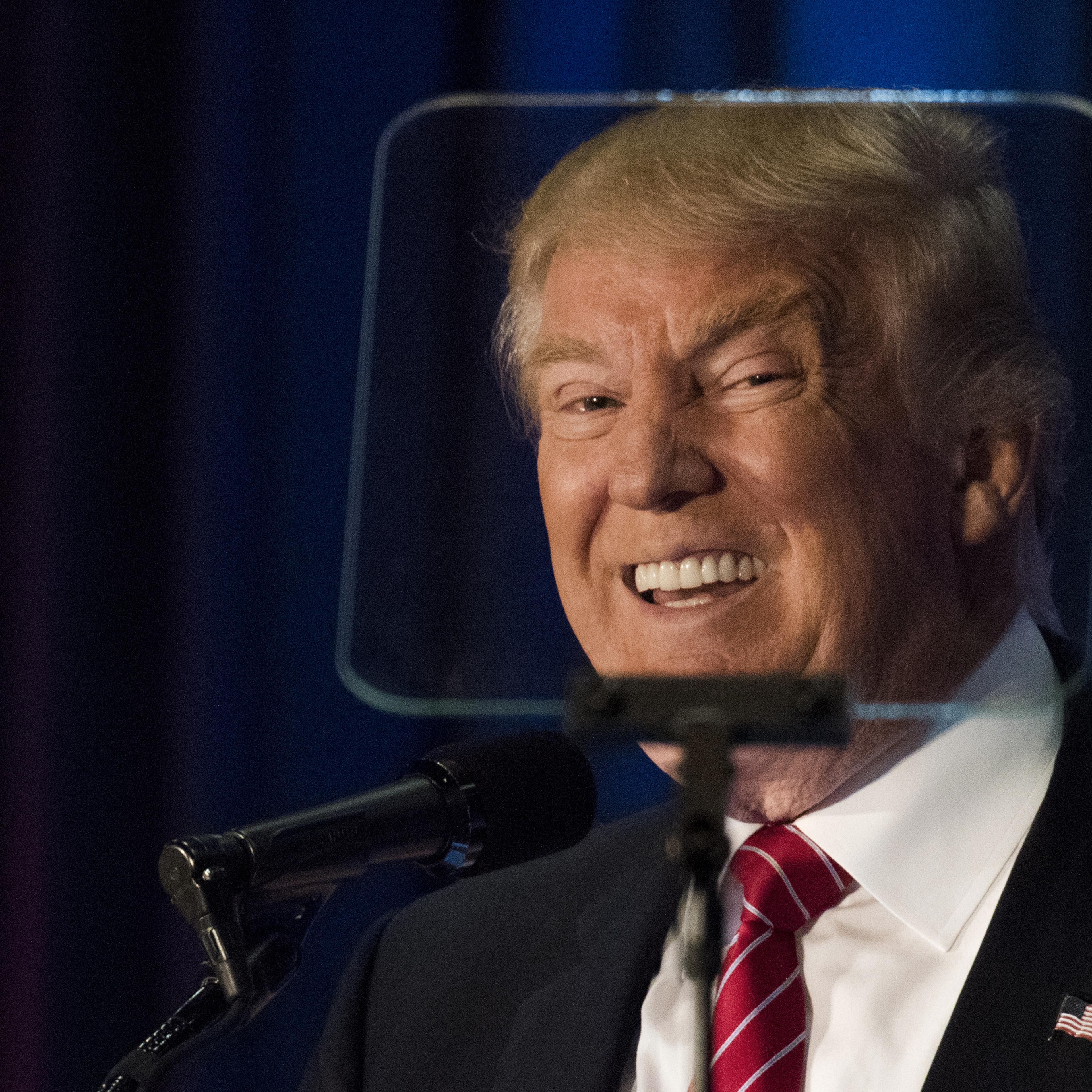 Donald Trump, 2016 Republican presidential nominee, reads from a teleprompter during a campaign event at Youngstown State University in Youngstown, Ohio, on Aug. 15, 2016.