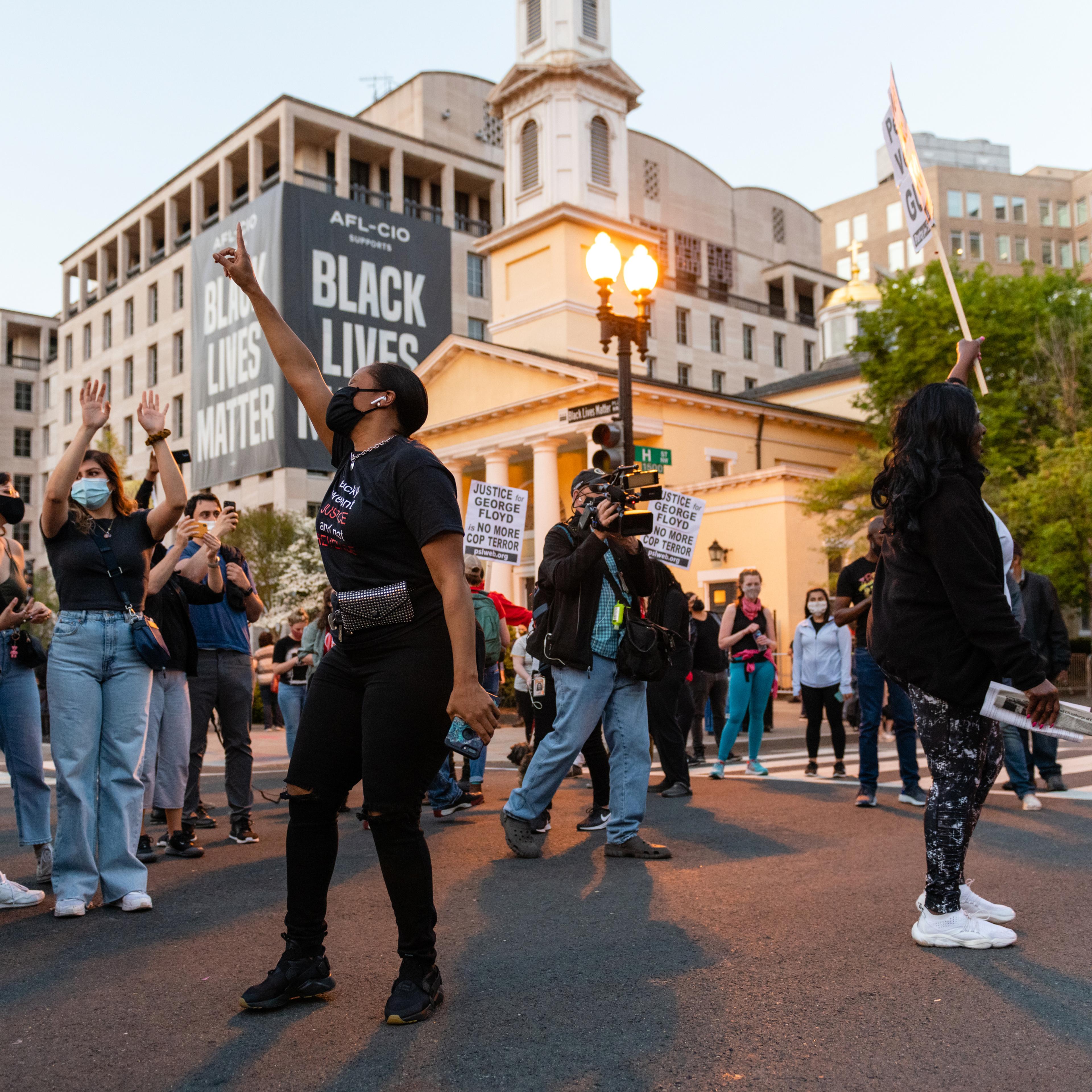 After the news of Derek Chauvin's guilty verdict in Minneapolis, people celebrate at Black Lives Matter Plaza in Washington, D.C., on April 20, 2021.