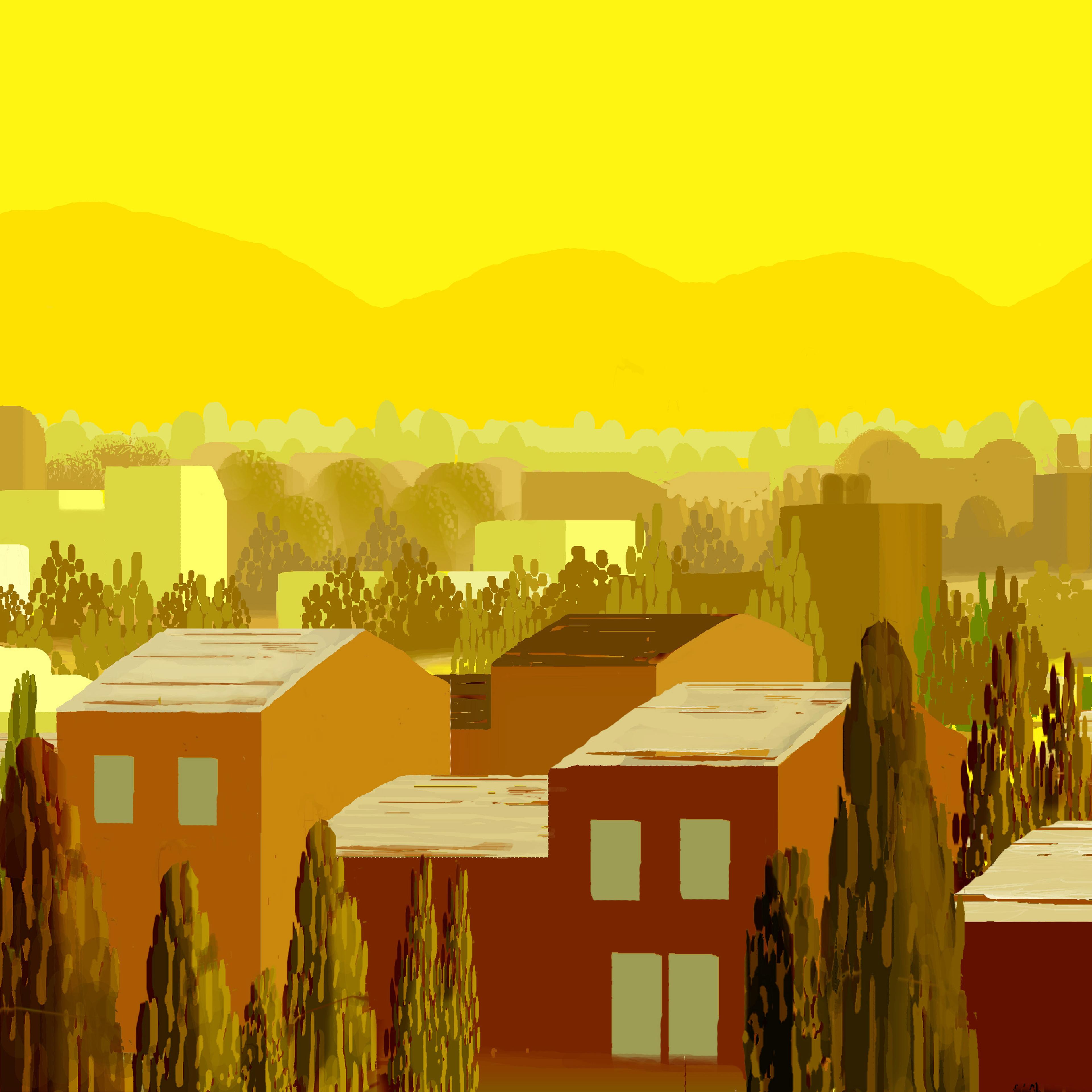 Suburban Rows of Tract Houses in California Landscape in bright yellow sunlight and brown colors Illustration