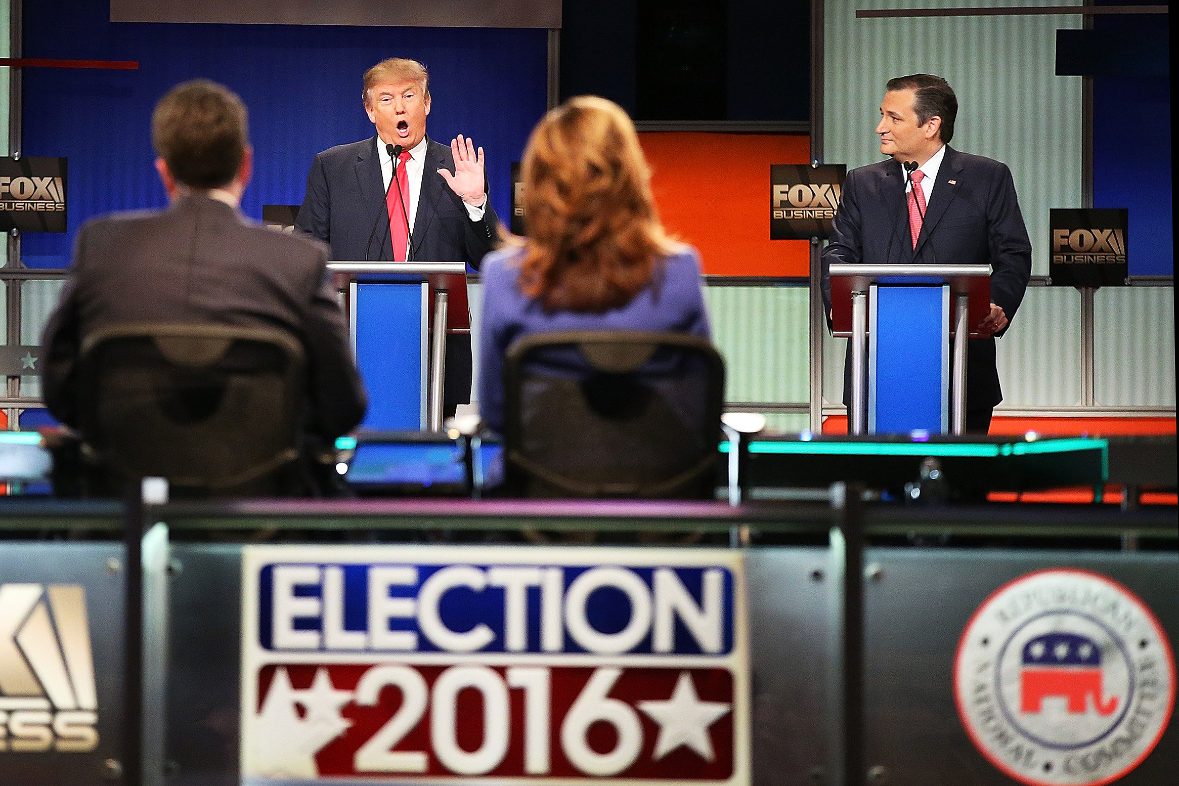 Republican presidential candidates Donald Trump and Sen. Ted Cruz (R-TX) participate in the Republican presidential debate at the North Charleston Coliseum and Performing Arts Center on Jan. 14, 2016 in North Charleston, S.C.