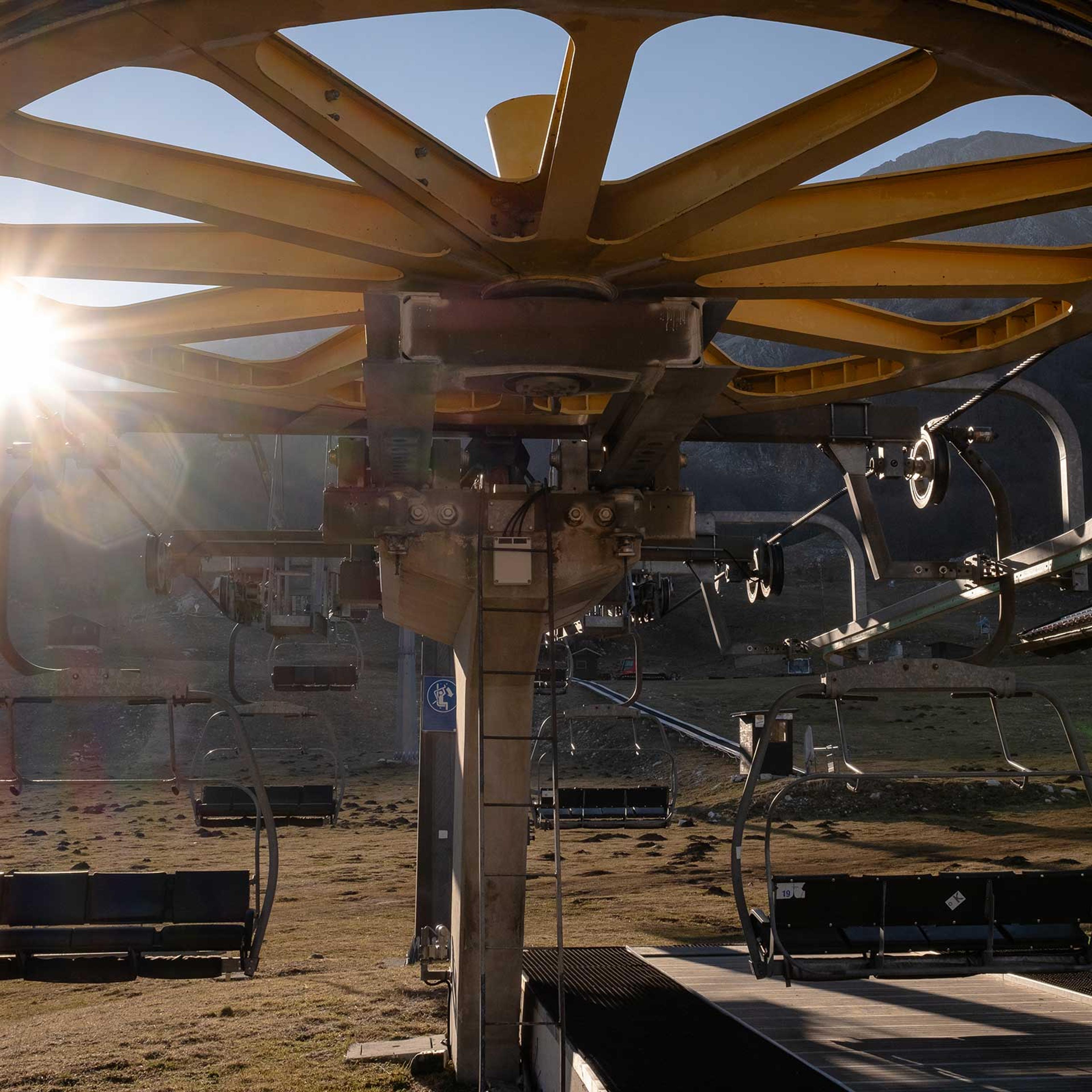 A chairlift leading to a slope at the Campitello Matese ski resort is closed due to lack of snowfall and high temperatures in San Massimo, Italy on Jan. 7, 2023.