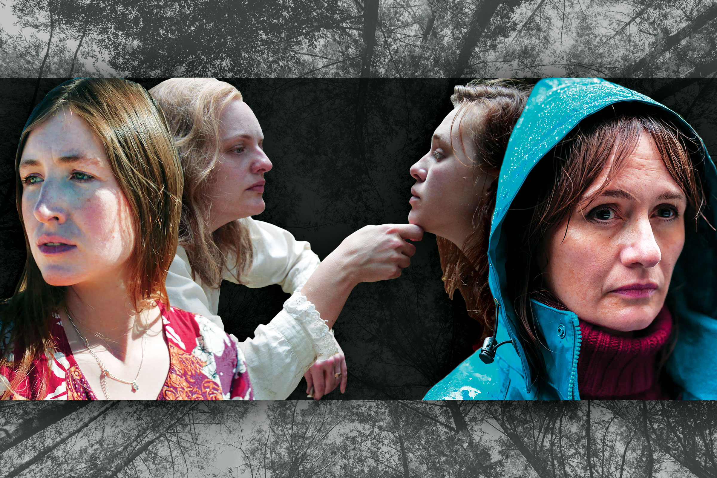 A collage of stills from horror movies made by women, She Dies Tomorrow, Shirley and Relic